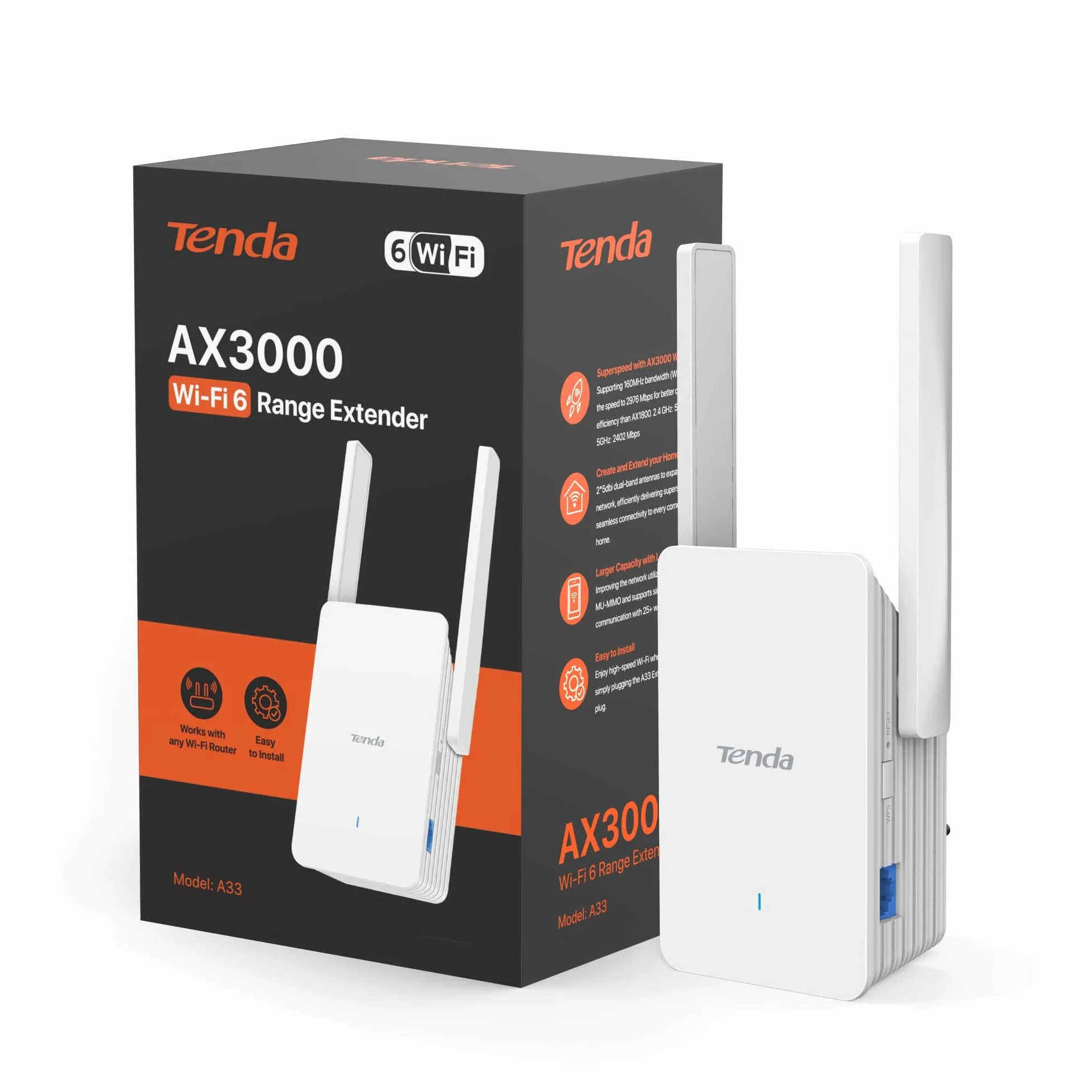 Tenda Wzmacniacz Wi-Fi 6 AX3000, Dwuzakresowy 2.4 GHz/5GHz, Przedłużacz Wi-Fi, Tryb AP, WPS, Biały