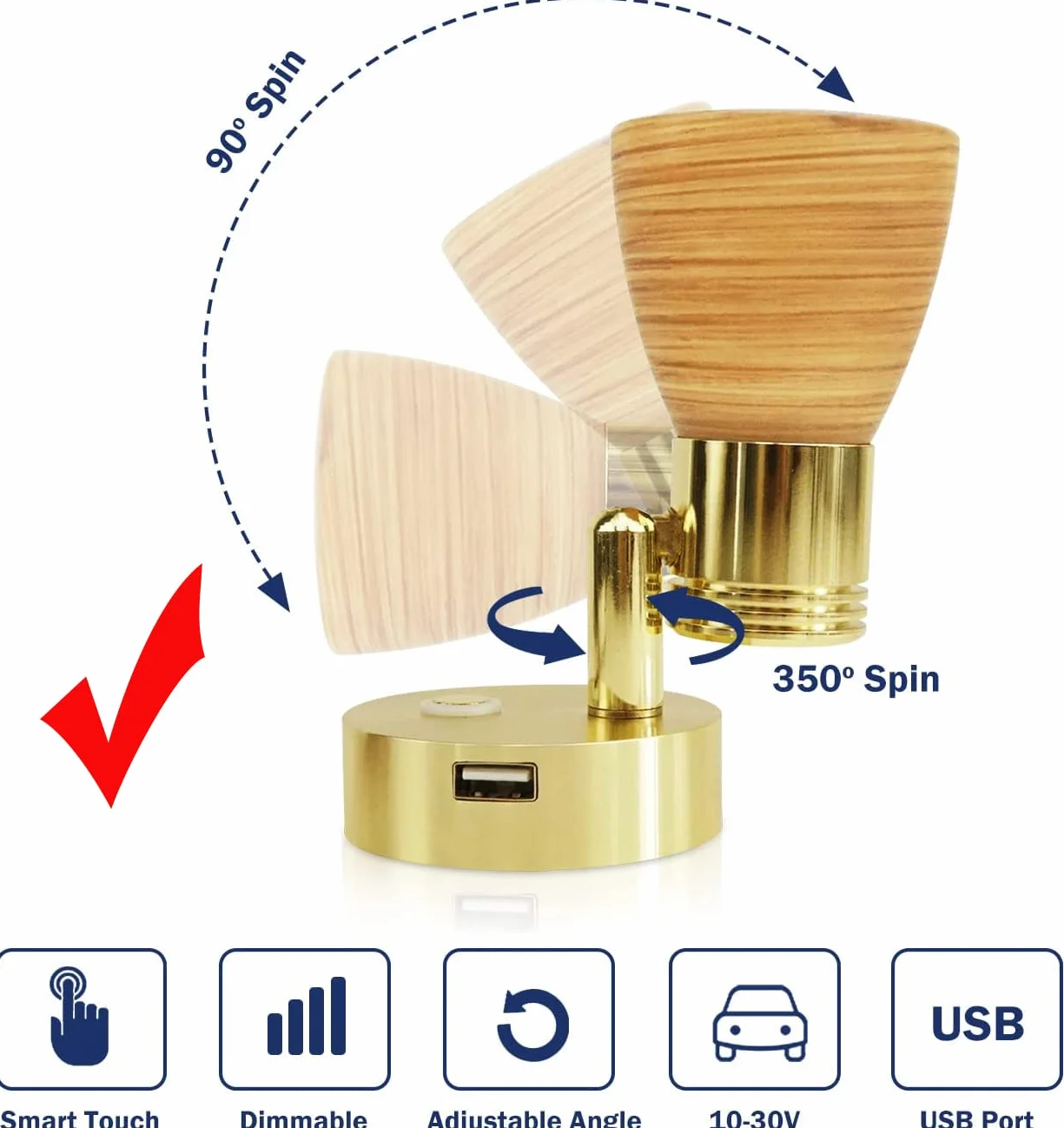 2 szt. RV 12 V lampki do czytania z portem USB, matowe szkło z wzorem drewna, polerowanie, oświetlenie wewnętrzne, aluminium ze złotym wykończeniem