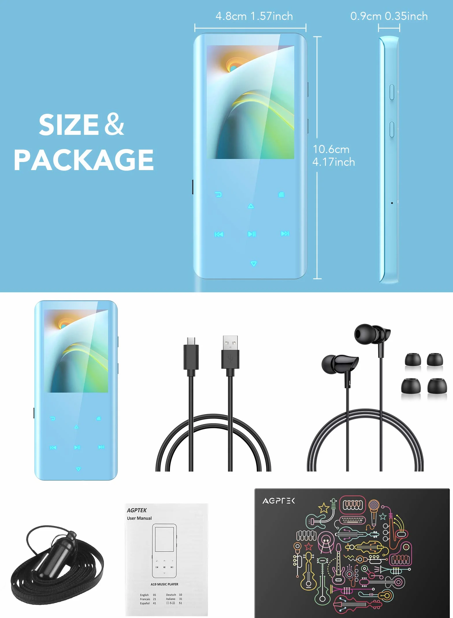 AGPTEK Odtwarzacz MP3 32 GB Bluetooth 5.0 Kolorowy Ekran TFT 2,4 Cala HiFi Głośnik Radio FM