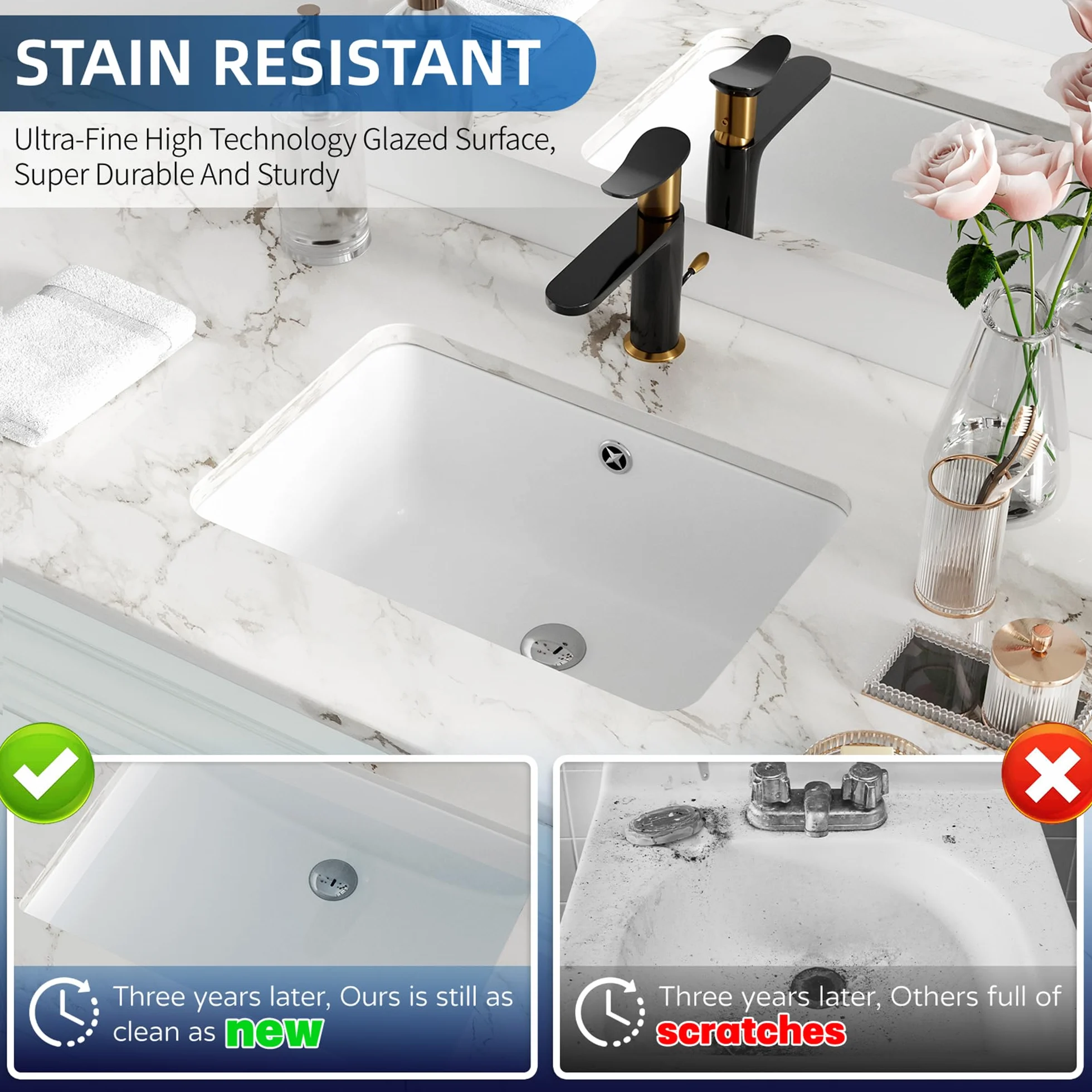 Podmontowany zlew łazienkowy prostokątny, Hugsleek wewnętrzna miska rozmiar 40 x 28 cm biała porcelanowa ceramiczna umywalka pod blatem rozmiar zewnętrzny 45 x 33 cm prostokątna umywalka wannowa