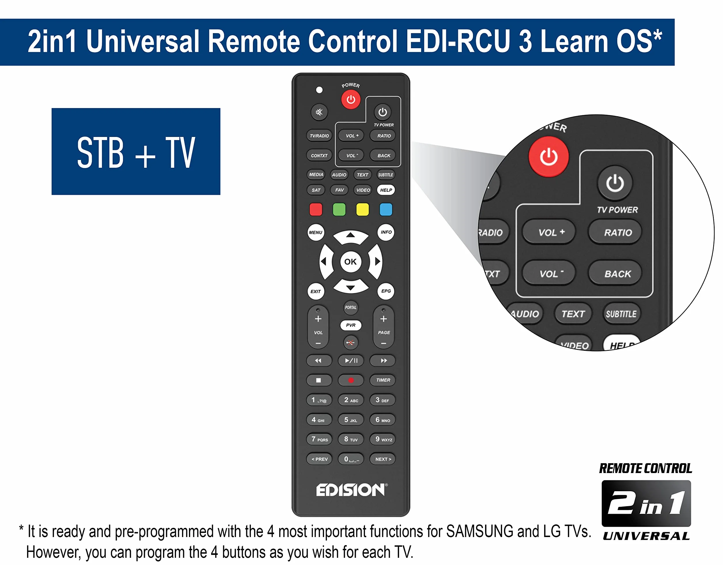 Dekoder dvb-t2 hevc EDISION PING T2/C naziemnej i kablowy Odbiornik, DVB-T2/C H.265, Czytnik kart, Full HD, PVR, 2x USB, HDMI, SCART, LAN, S/PDIF, RS232, IR, Obsługa USB WiFi, Uni. pilot 2w1, Czarny