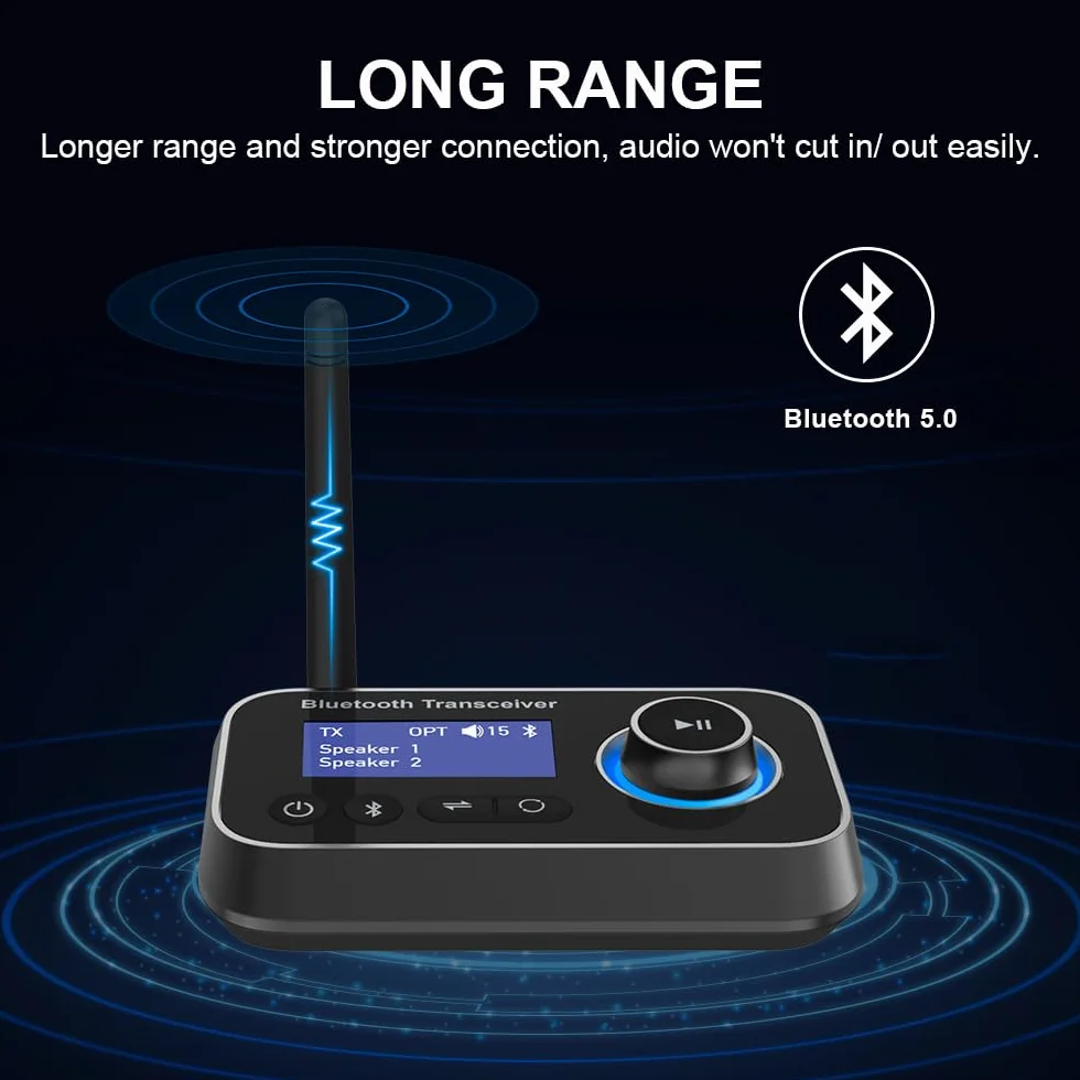 3 w 1 nadajnik Bluetooth 5.0, odbiornik na 2 słuchawki, Bluetooth, adapter audio, niska latencja, transmiter Bluetooth z przełącznikiem, regulacja głośności, AUX, optyczny, RCA do telewizora