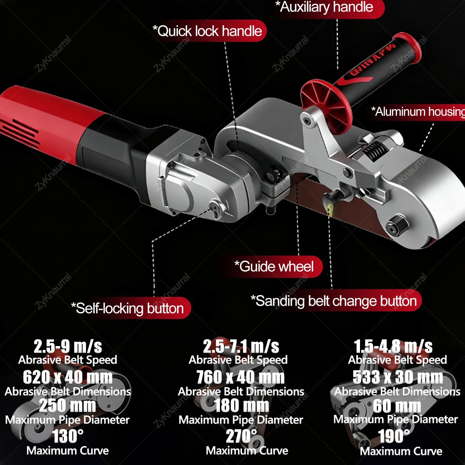 Polerka Do Rur Metalowych, Szlifierka Taśmowa Do Rur O Mocy 1100 W, Polerka Do Rur Okrągłych Ze Stali Nierdzewnej, Szlifierka Do Rur Stalowych, Z 6 Zmiennymi Prędkościami, 5 Pasów ściernych 3Roller