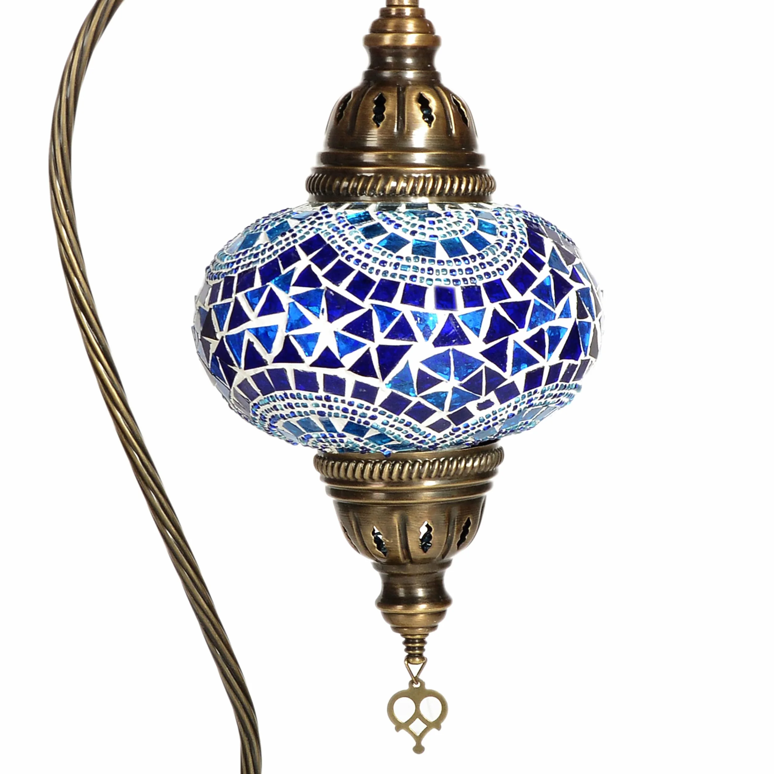 Turecka lampa stołowa z mozaiką, oszałamiający styl marokański, unikalny kulisty klosz, seria Swan Neck (niebieskie pasy)