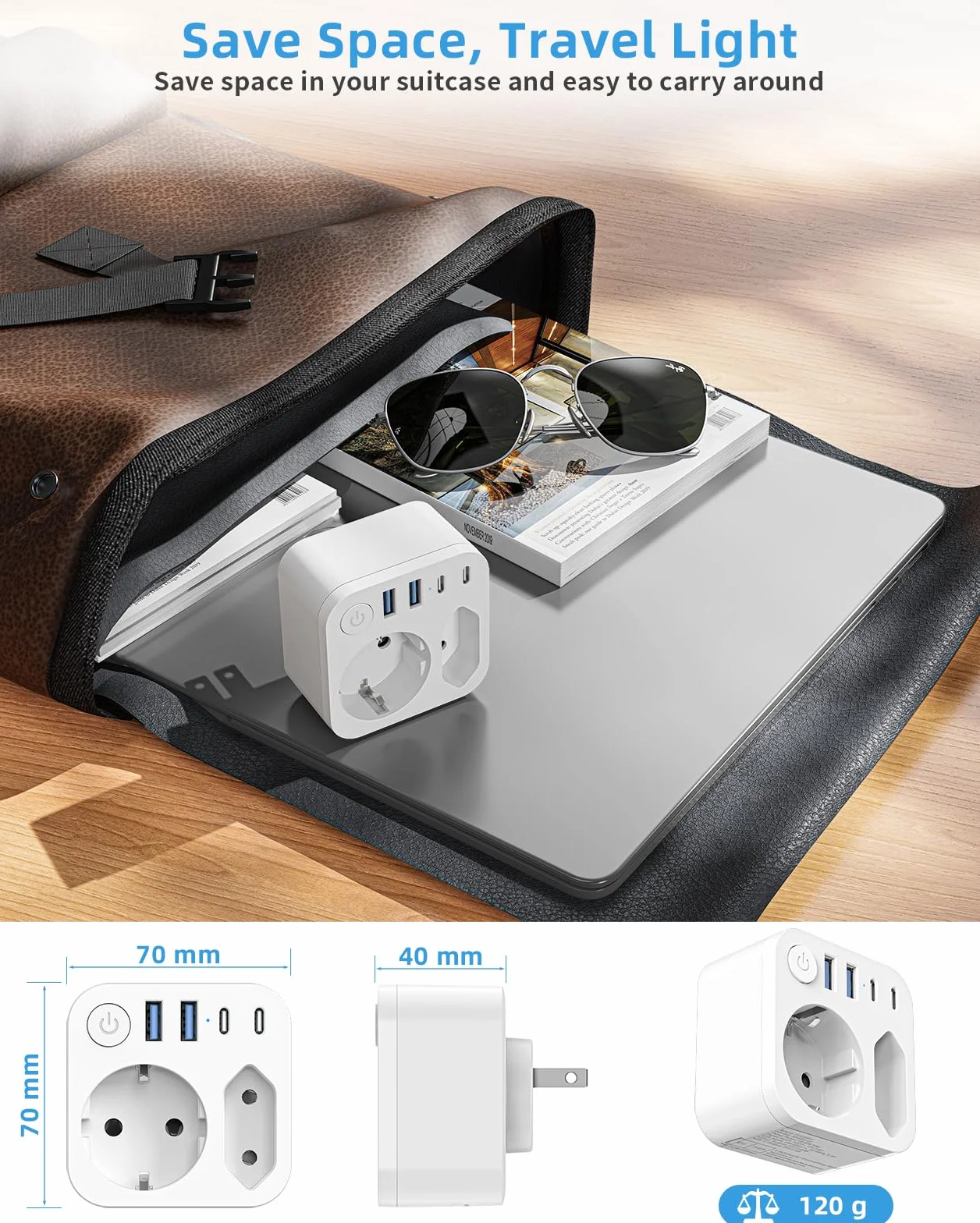 Adapter podróżny Schuko na typ A 4 porty USB 2 Type-C biały do USA Japonii Kanady