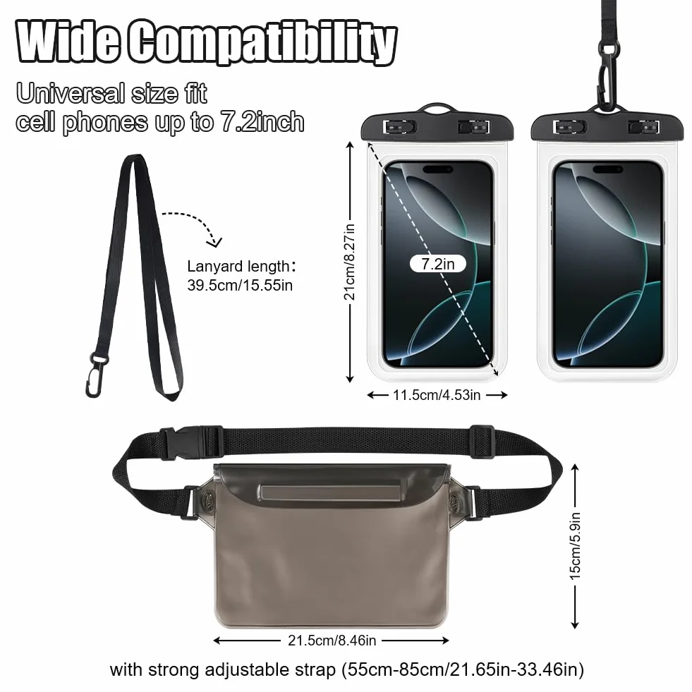 2 sztuk Wodoszczelne etui na telefon komórkowy,Wodoszczelna torba na brzuch,IPX8 Wodoodporna torba na smartfona telefon iPhone 16 15 14 13 12 Pro XS do 7,2"