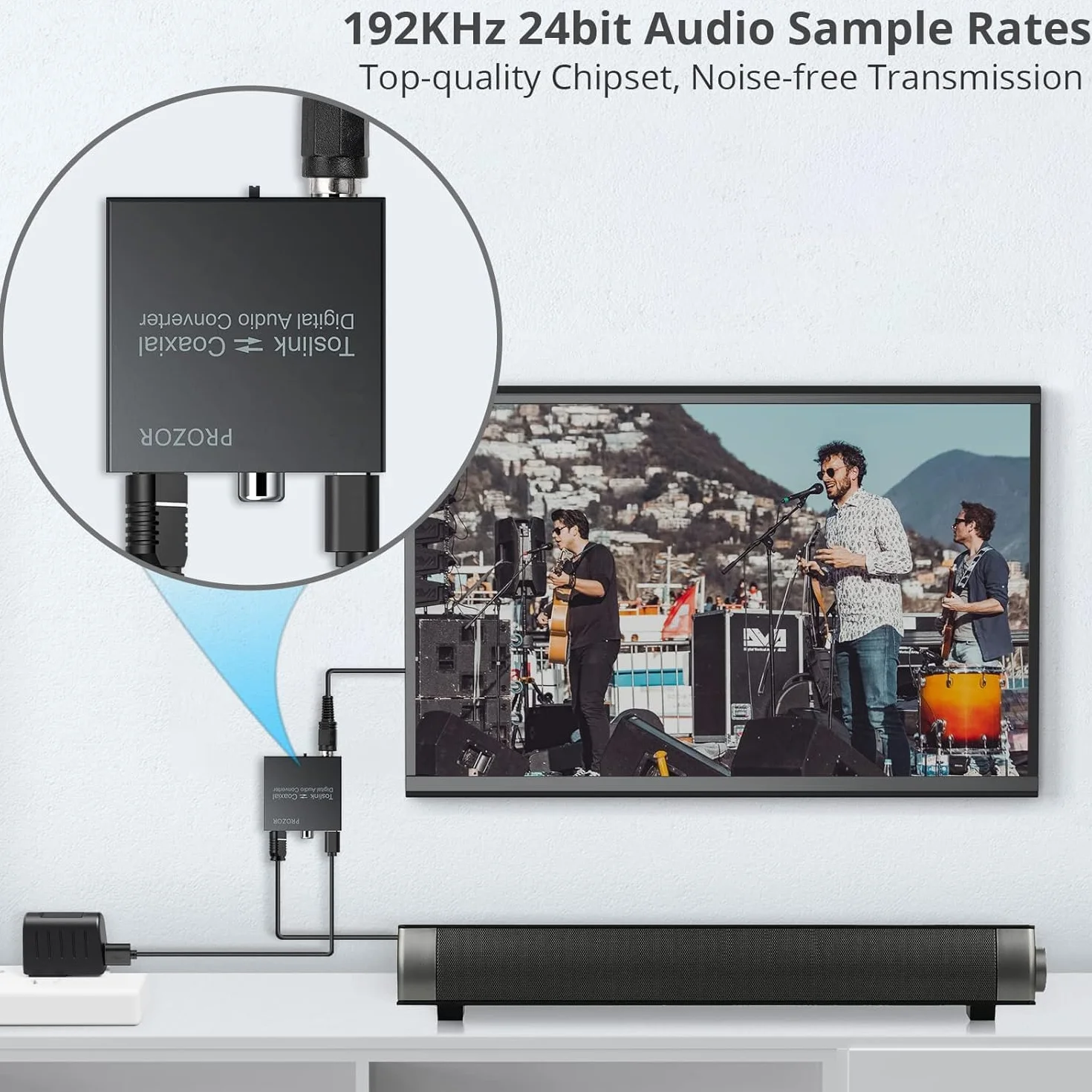 PROZOR Cyfrowy konwerter audio SPDIF Toslink DTS/Dolby-AC3 192 kHz dwukierunkowy rozdzielacz z kablem optycznym
