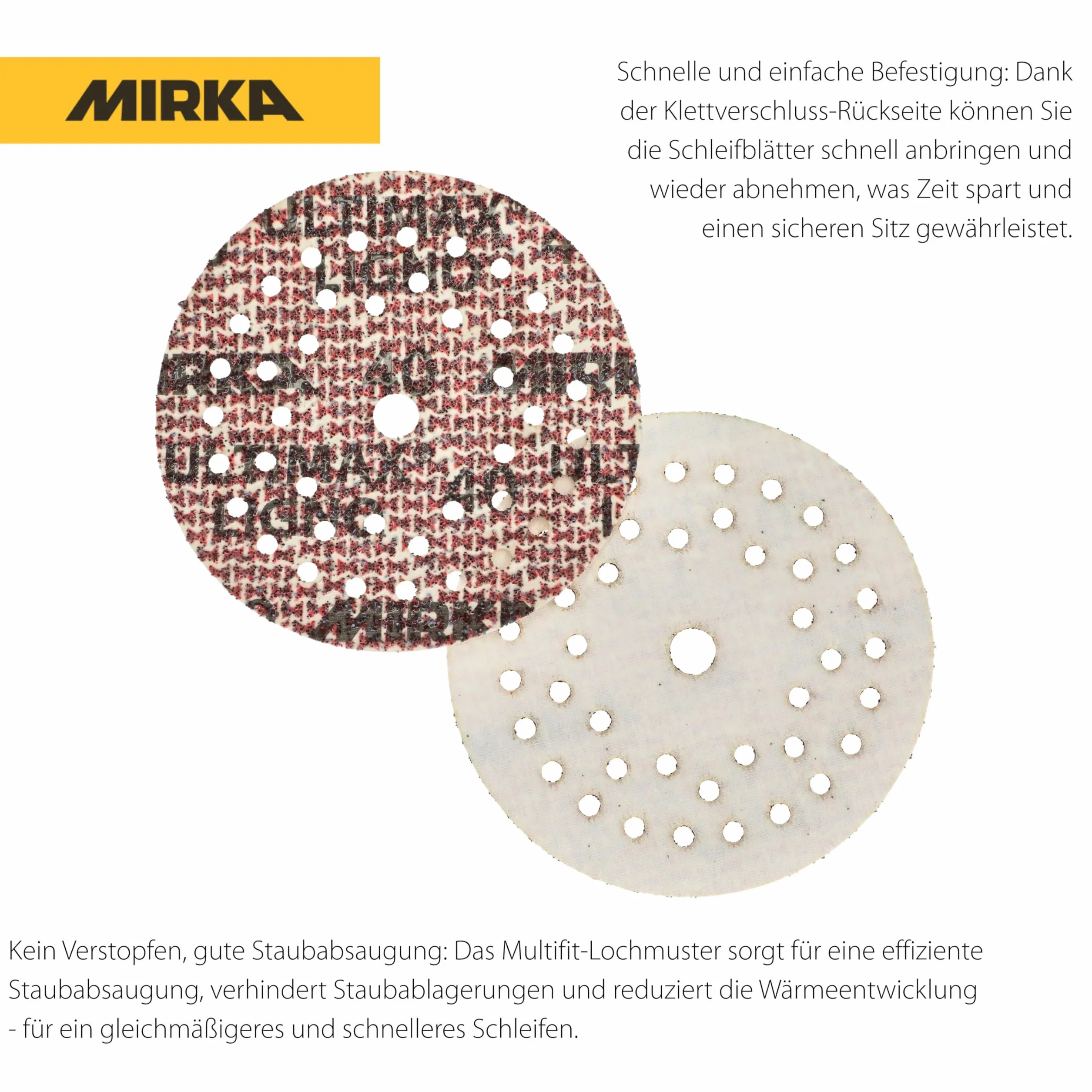 Mirka - abrasive sheets - Ultimax Ligno 150 mm rzep Multifit | Uniwersalne arkusze ścierne z rzepem do szlifierek 150 mm wysoka trwałość i skuteczność szlifowania