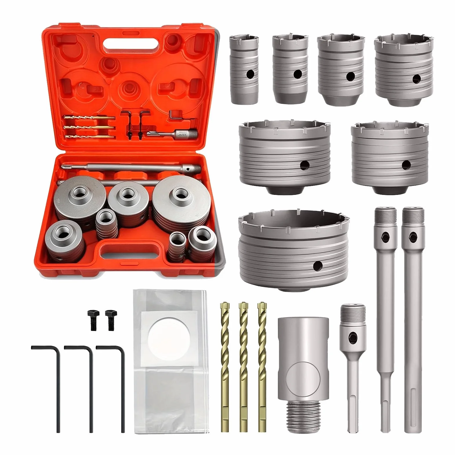 Jeffergarden Zestaw Otwornic do Betonu 7 szt. Zestaw Otwornic ze Stali Wolframowej 30 do 110 Mm z Chwytem SDS Plus Max Szybkozłącze Worek na pył Wiercenia w ścianach w Cegle Betonowej