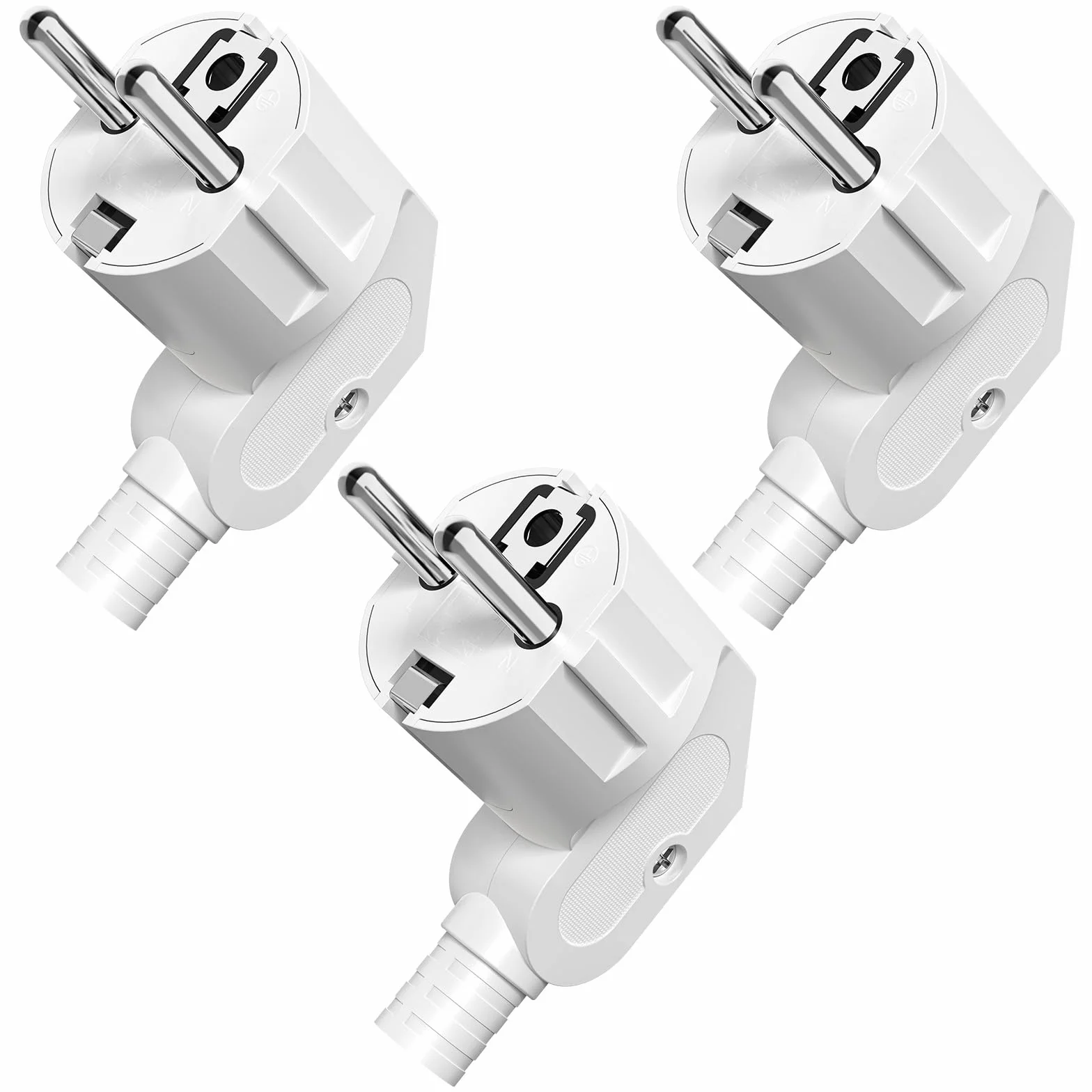 Wtyczka Schuko 250 V z odciążeniem ciągu, wtyczka z zestykiem ochronnym, ochrona przed zagięciem, ochrona przed wodą rozbryzgową i trwała, IP20, odporna na pękanie, biała – 3 sztuki białe