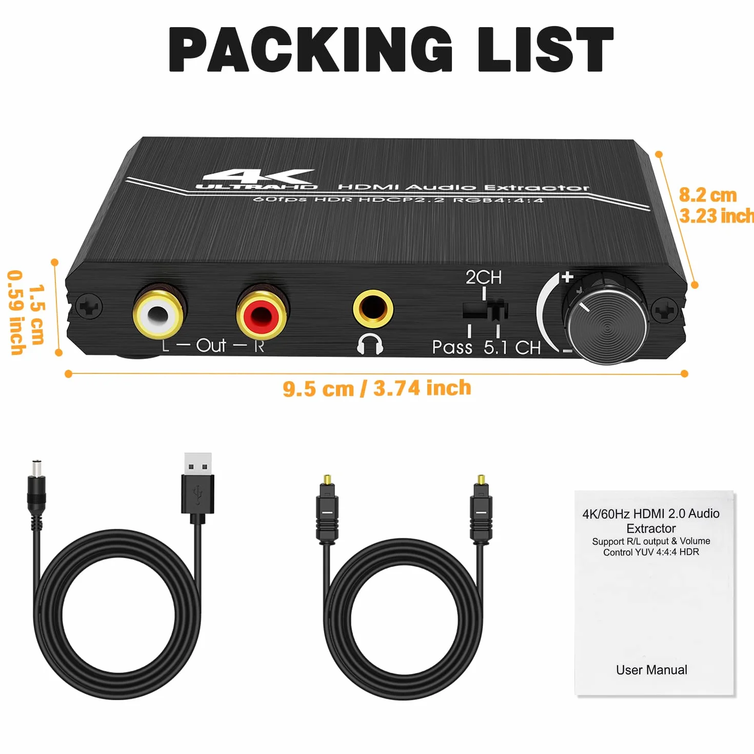 Tendak Rozdzielacz audio HDMI 2.0 4K na optyczny SPDIF Toslink 3,5 mm AUX Stereo cinch L/R konwerter z regulacją głośności