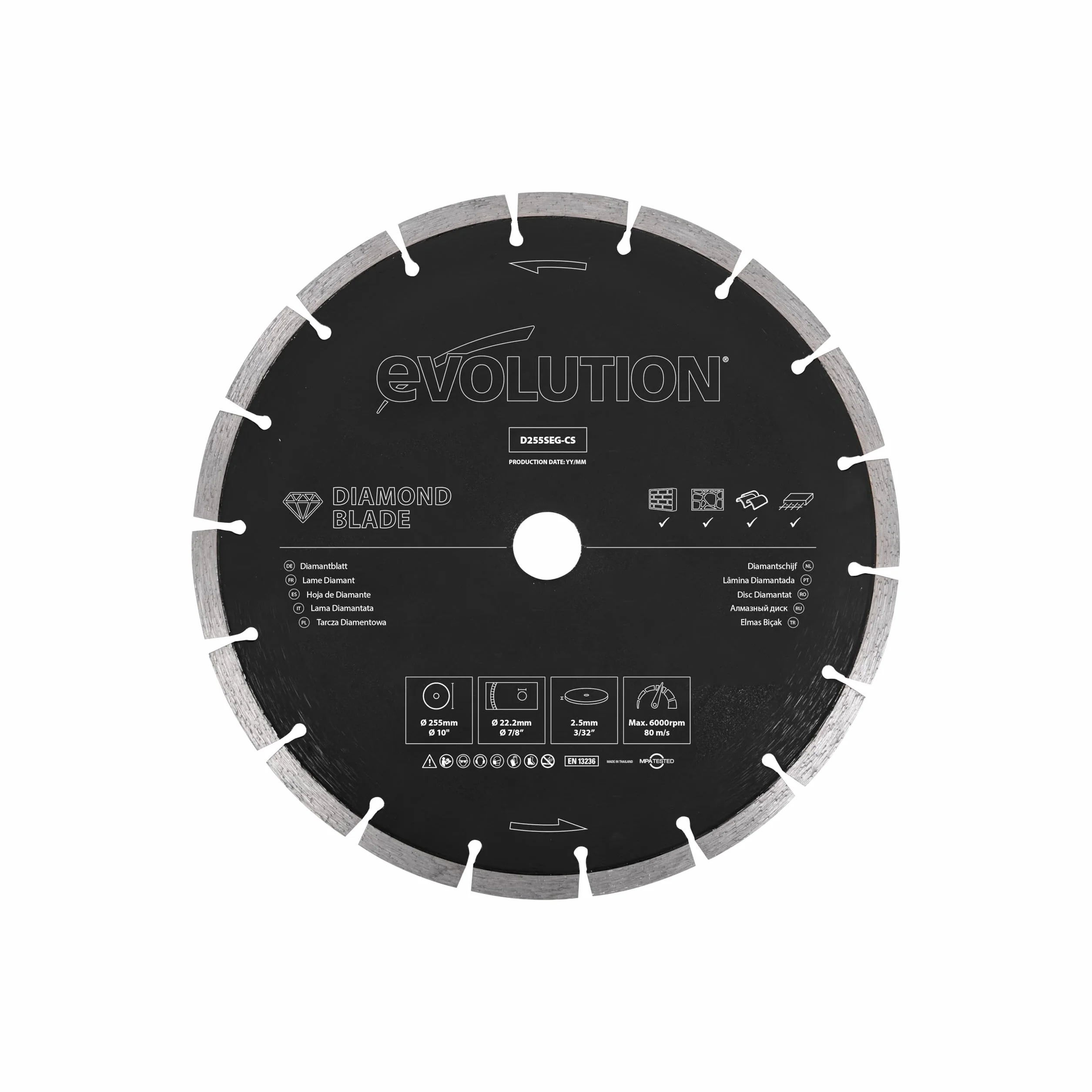 Evolution Power Tools Tarcza diamentowa D255SEG-CS do przecinarki tarczowej/piły do betonu, tnie kamień, beton zbrojony, cegłę i kostkę brukową, 230 mm