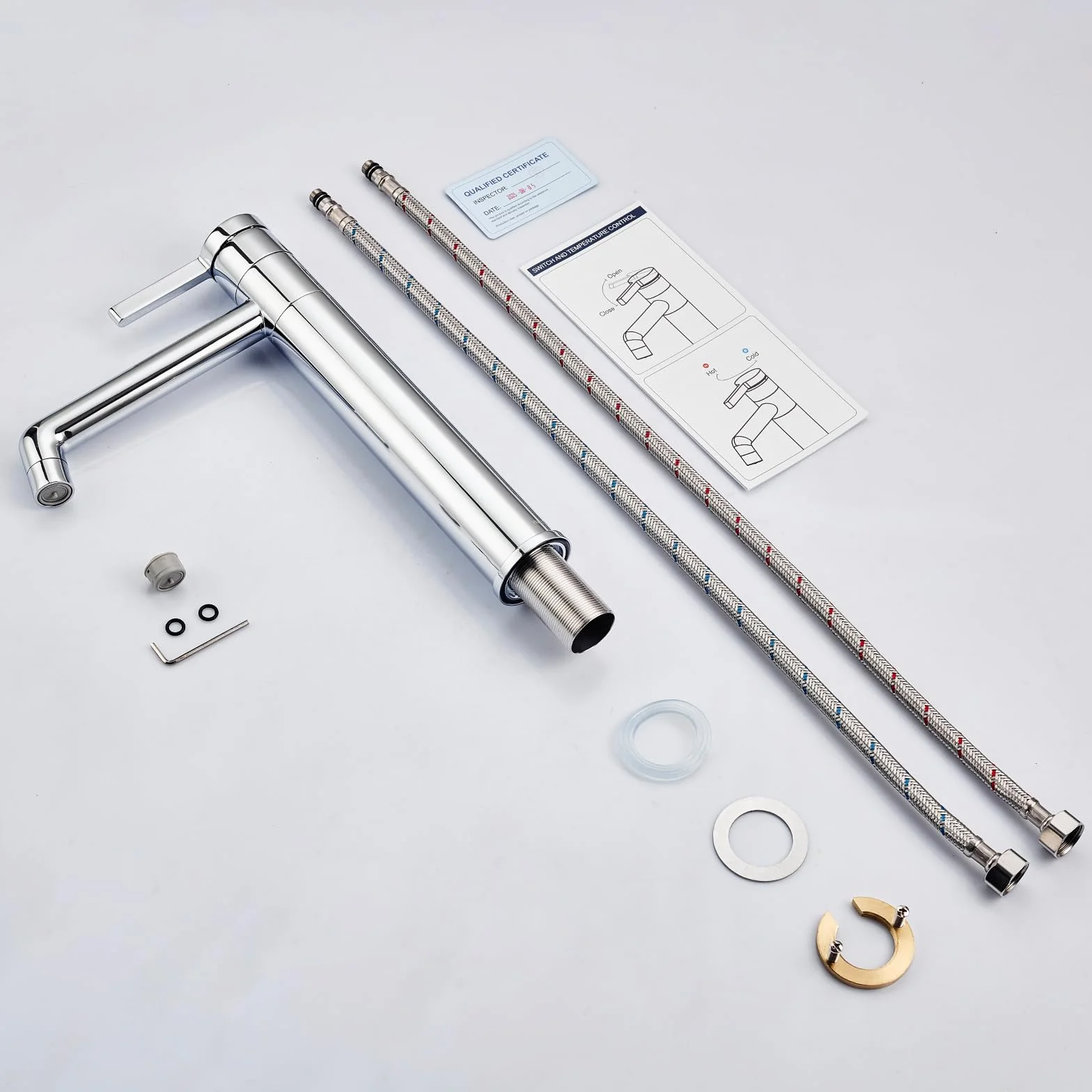 Wysoki kran łazienkowy w chromie o wysokości dyszy 203 mm, armaty z mosiądzu z krzyżem obrótnym o 360° – armaty do umywalki, przeznaczona dla łazience oraz toalety gościnnej