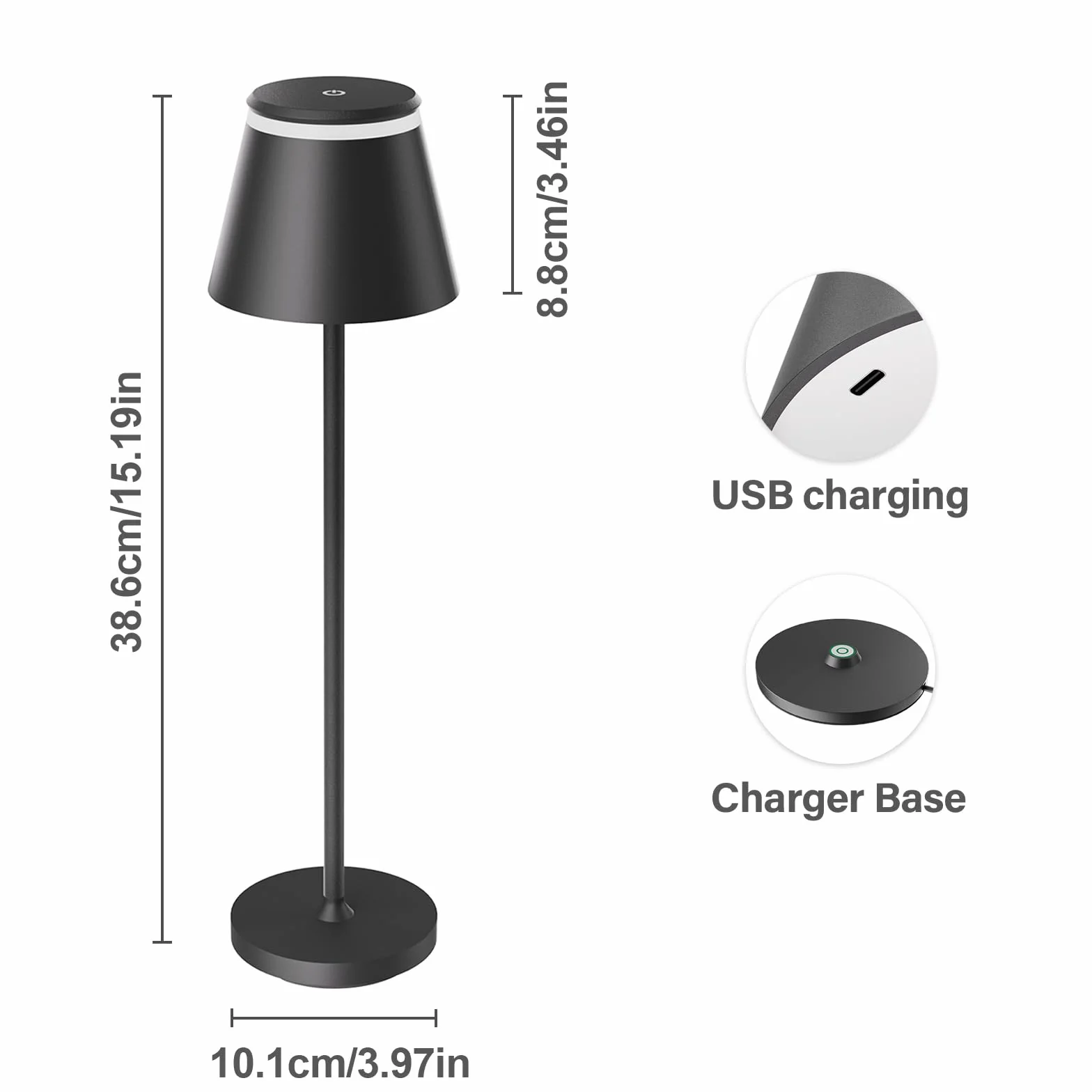 Neoglint Ściemniana lampa stołowa LED, ze stacją ładującą USB, obsługuje typ C, bezprzewodowa, sterowanie dotykowe, z pilotem zdalnego sterowania, IP54,3 regulacja jasności barwowej, czarna