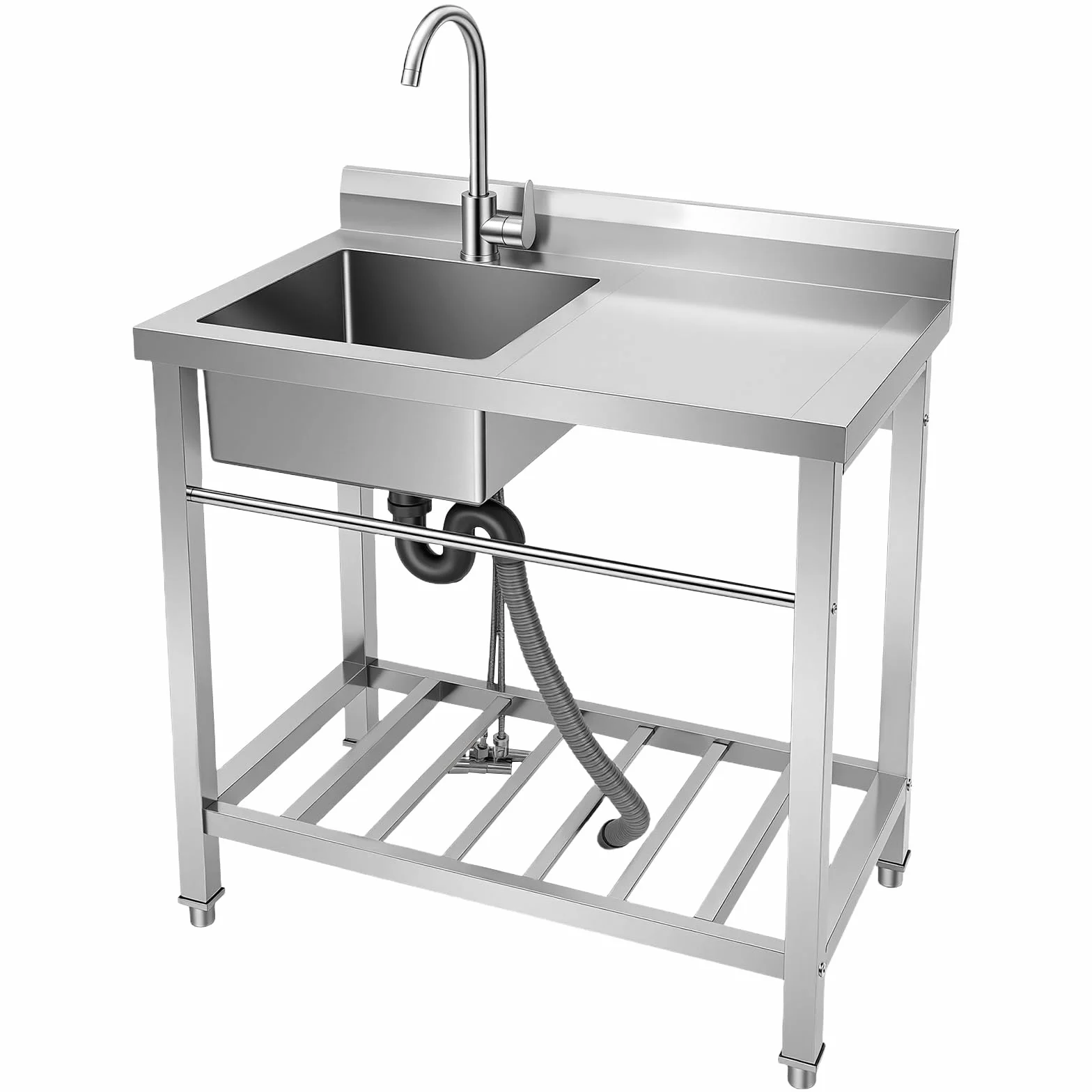 Wolnostojący zlewozmywak kuchenny ze stali nierdzewnej, nośność 100 kg, 1 umywalka ze stali nierdzewnej, obracany o 360° kran i rura odpływowa, do łazienek, gospodarstw rolnych