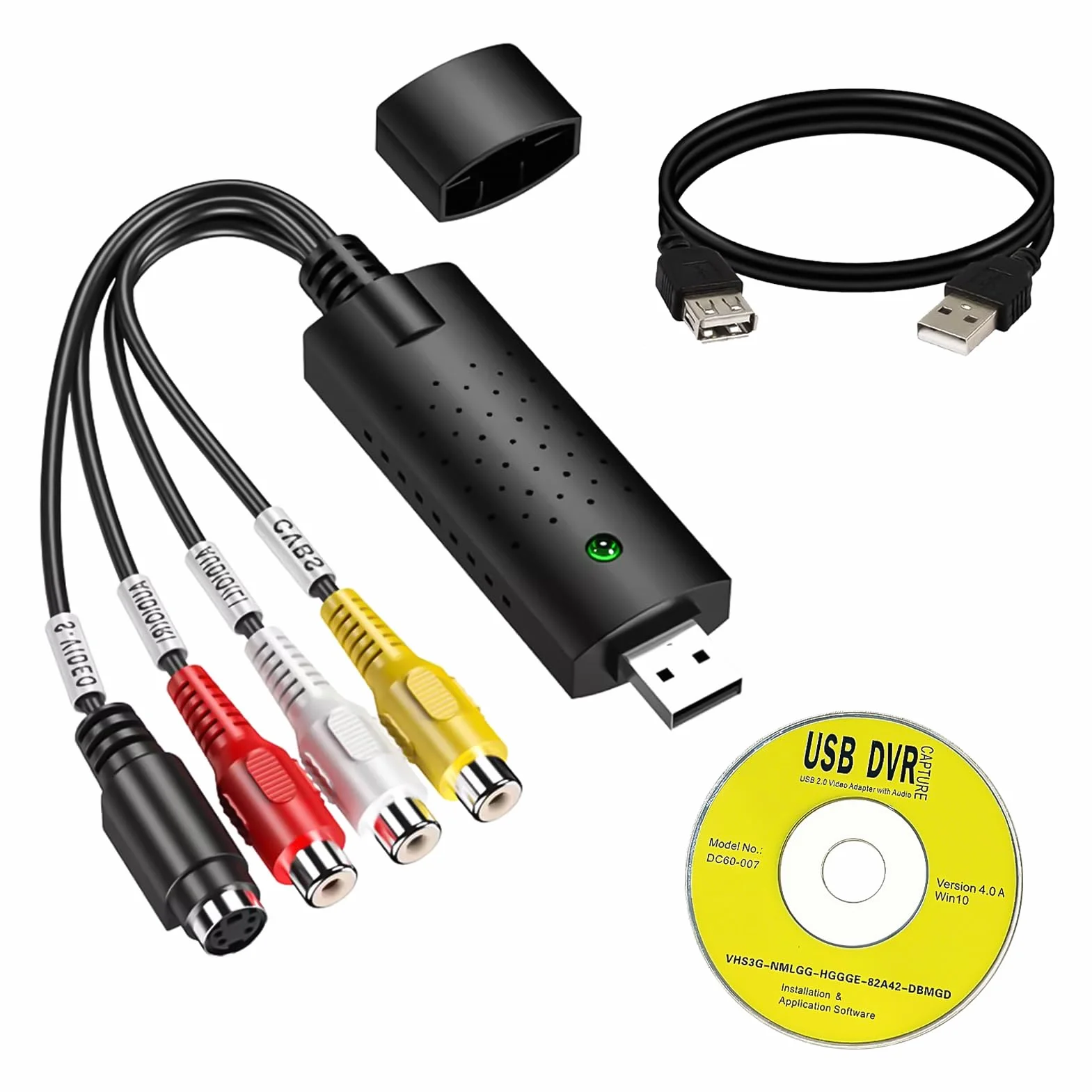 Konwerter VHS na cyfrowy, Grabber USB 2.0, Hi8 VHS na DVD Audio Video Capture Card z złączami RCA/S-Video, kompatybilny z Windows XP/7/8/10 i Mac do kasety wideo, PC, DVD