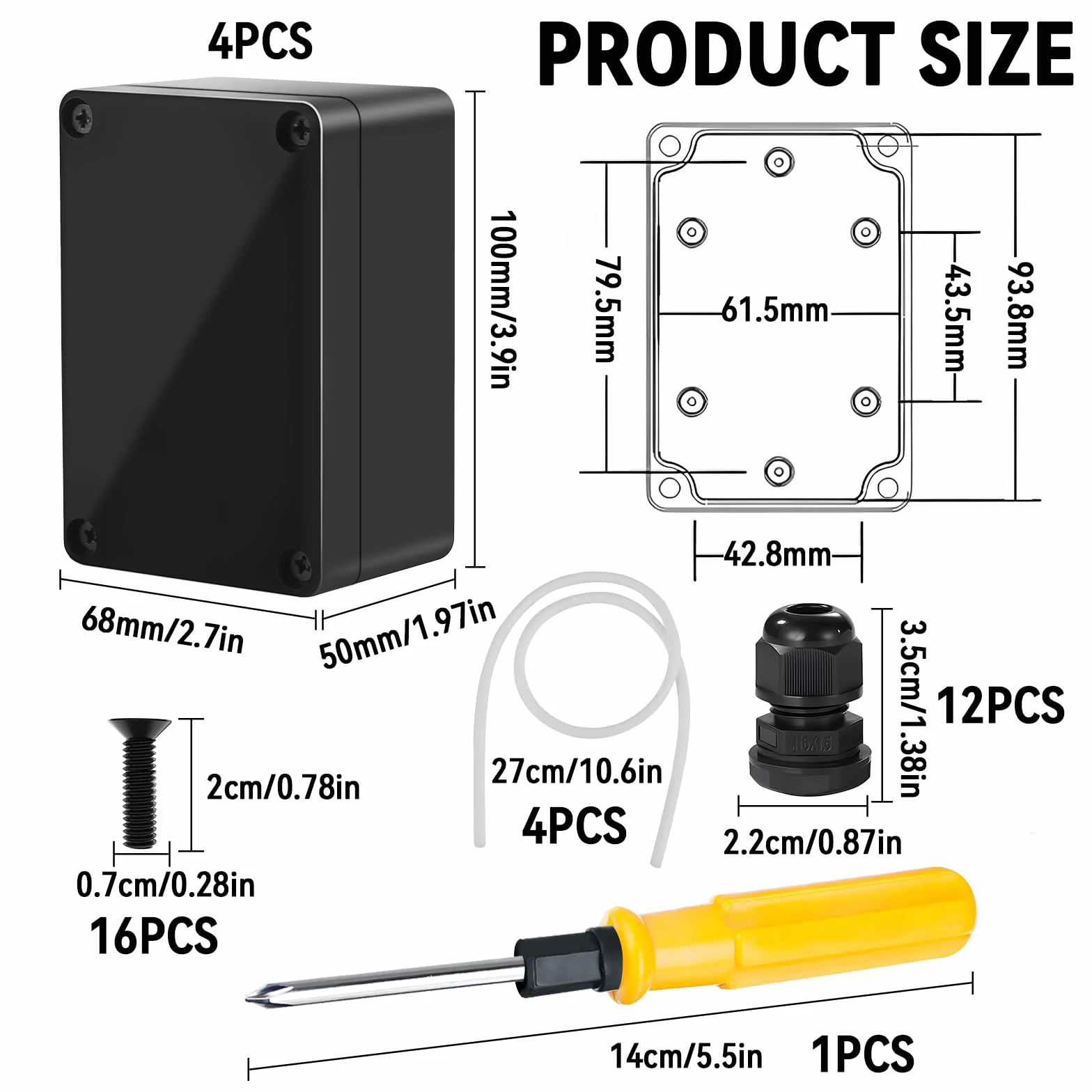 Skrzynka przyłączeniowa, wodoszczelna obudowa z tworzywa sztucznego IP67, z 12 dławikami kablowymi, puszka rozgałęźna 100 x 68 x 50 mm, czarna, obudowa elektroniki do instalacji elektrycznych wewnątrz