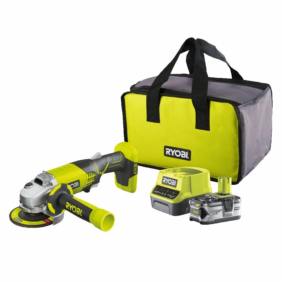 Ryobi Szlifierka Kątowa Akumulatorowa 18V, R18AG-140S, Średnica Tarczy 115 mm, Zestaw Zawiera Akumulator 4.0 Ah i Ładowarkę