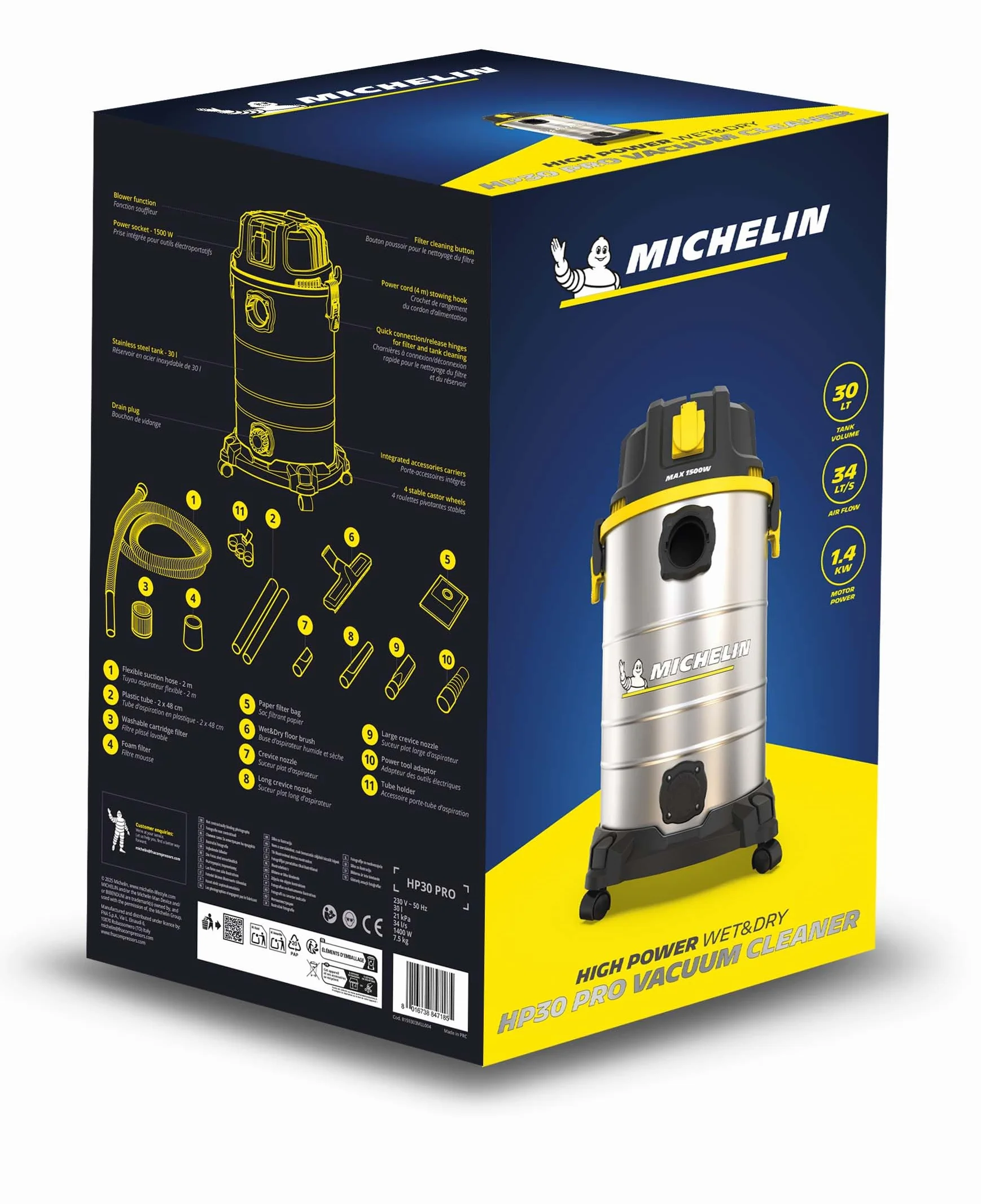 MICHELIN, Odkurzacz na stałe i ciecze, HP30 PRO, zbiornik ze stali 30 l, z gniazdem elektronarzędzi, 1400 W, z akcesoriami, funkcja dmuchania, 21 kPa