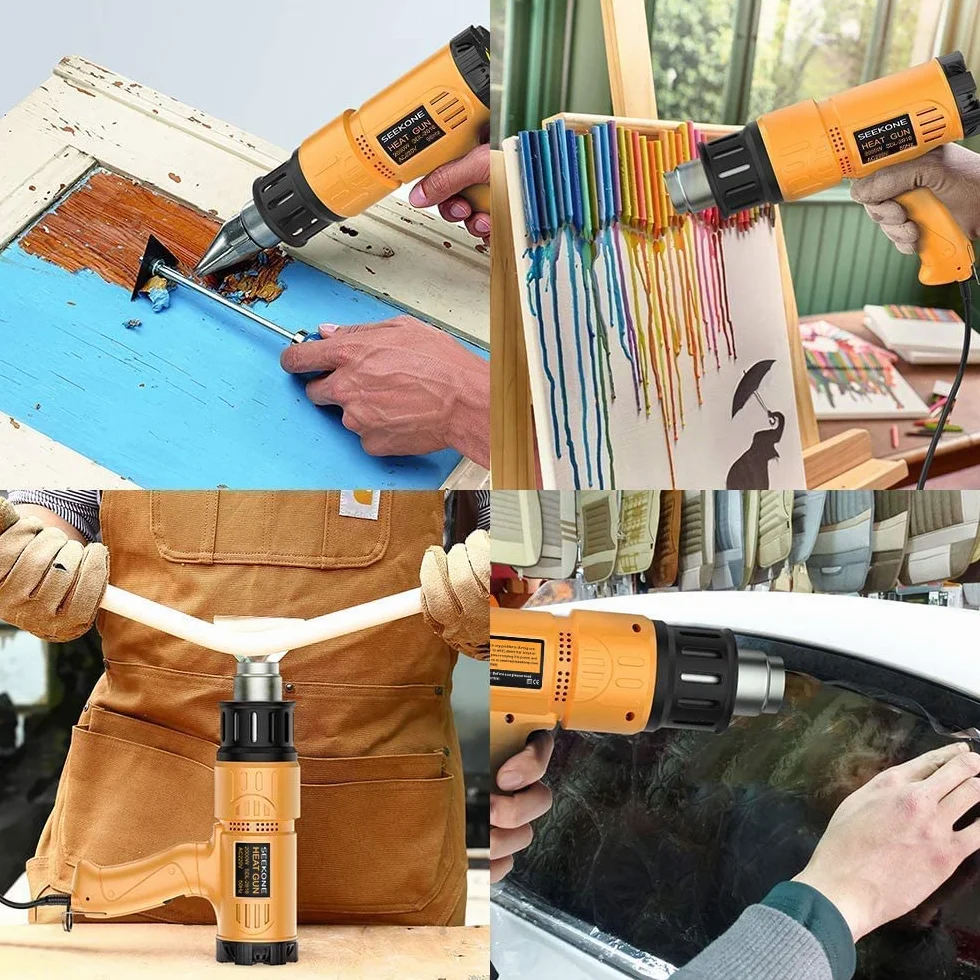 SEEKONE Pistolet na gorące powietrze, zestaw z walizką na narzędzia, dmuchawa na gorące powietrze z zabezpieczeniem przed przeciążeniem (2000 W, 5 dysz, 2 skrobaki, zmienny zakres temperatur