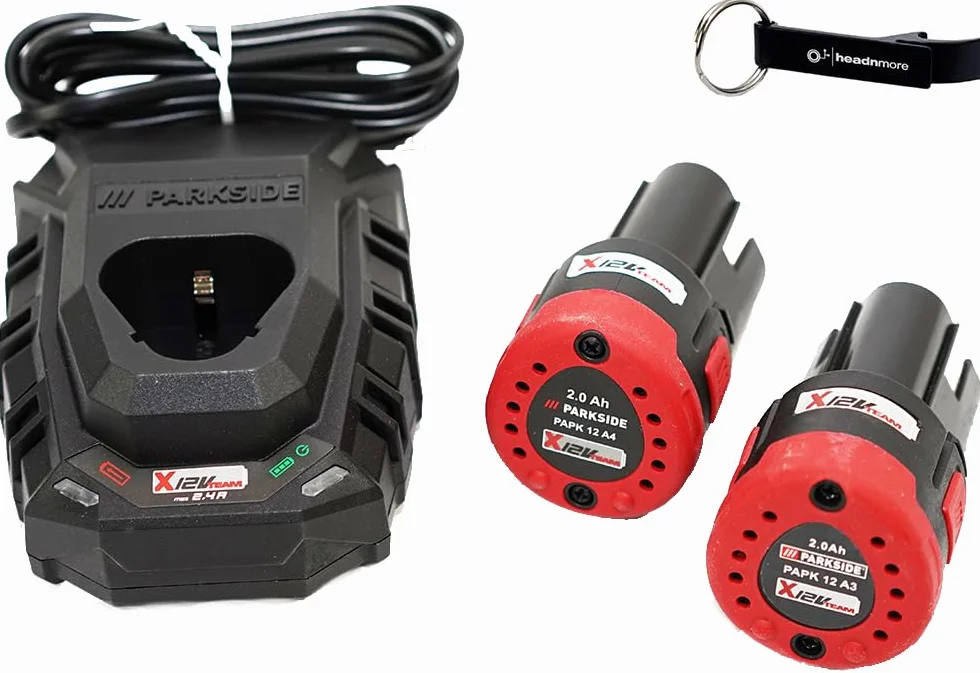 HEADNMORE® Parkside® Zestaw 2 akumulatorów 12 V/2 Ah PAPK 12 A4 2 Ah + 1 x ładowarka PLGK 12 A3 + breloczek do kluczy HEADNMORE®