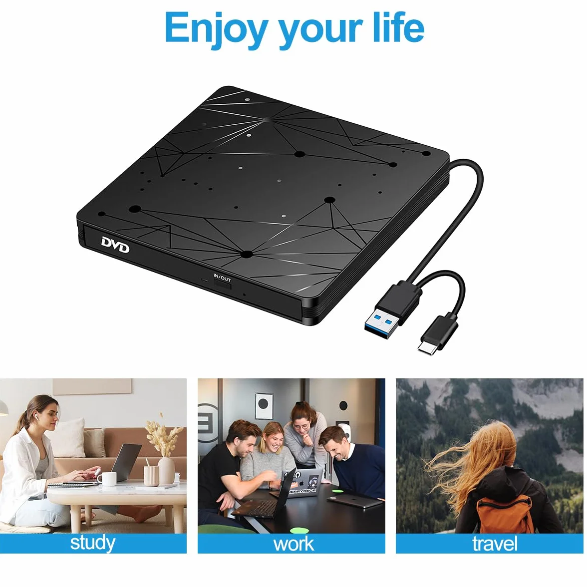 LMEN Zewnętrzny Napęd CD DVD USB3.0, Przenośny Czytnik Dysków CD DVD +/- R/RW z USB 3.0 i Type-C, Reader DVD Drive Slim Odtwarzacz CD USB do Laptopa/PC/Windows 11/10/8/7/Vista/XP/Mac OS/Linux, Czarna
