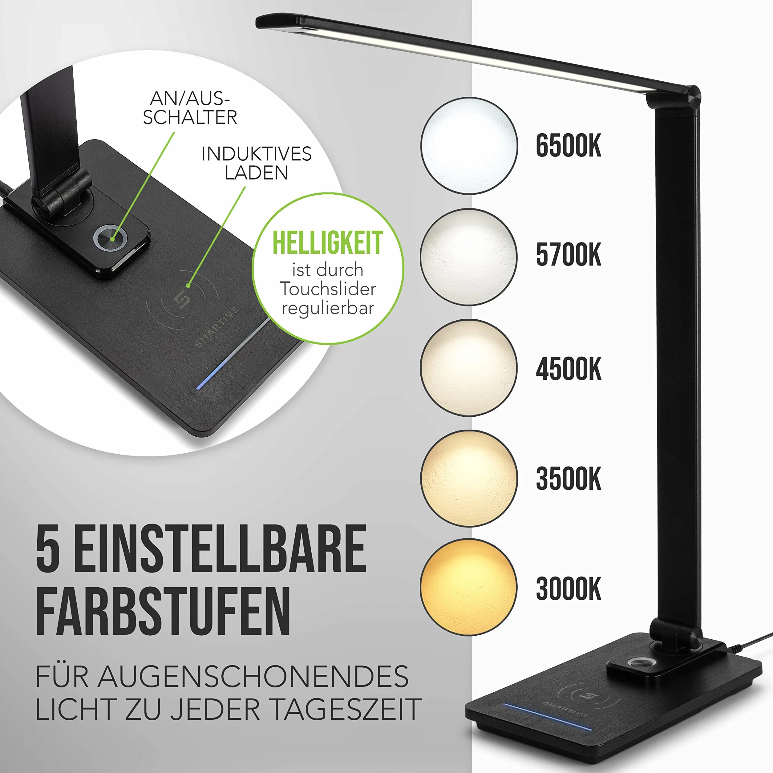 SMARTIVE | Designerska lampa biurkowa z funkcją bezprzewodowego ładowania – lampa biurowa LED z bezprzewodowym ładowaniem 10 W – przyjazne dla oczu światło ściemniane i ładowanie bez kabla | czarna +
