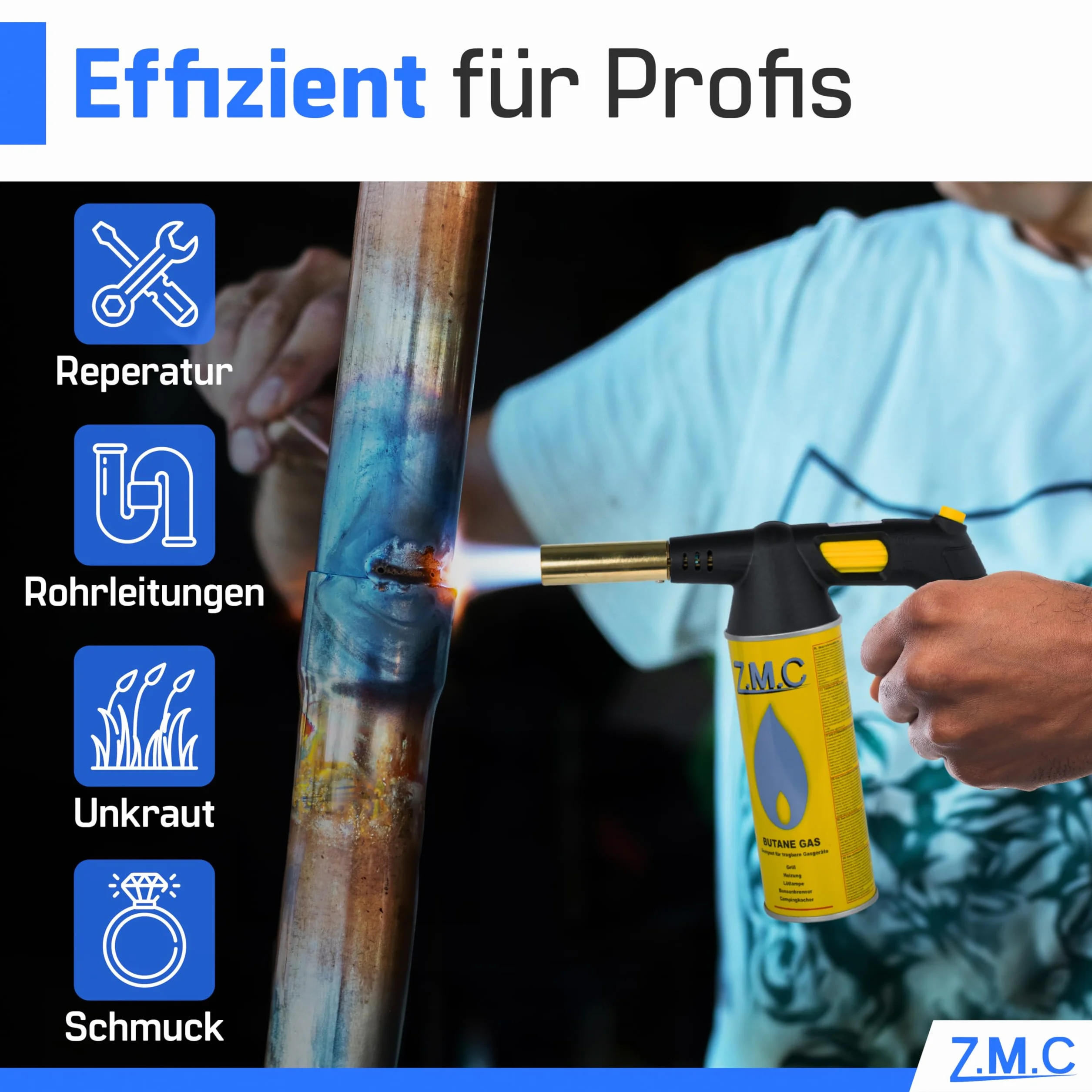 ZMC palnik do lutowania, zapalarka gazowa z zapłonem piezoelektrycznym + 4 x kartusze 227 g | nasadka Bunsena, palnik do flambira, zapalarka węgielka, lampa lutownicza