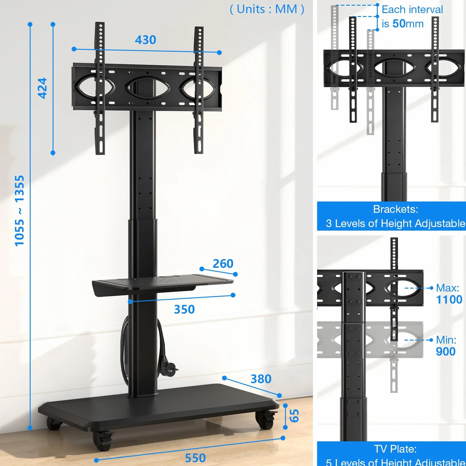 Mobilny stojak na telewizor na kółkach obrotowy z drewnianą podstawą 81.3–139.7 cm 400 x 400 mm