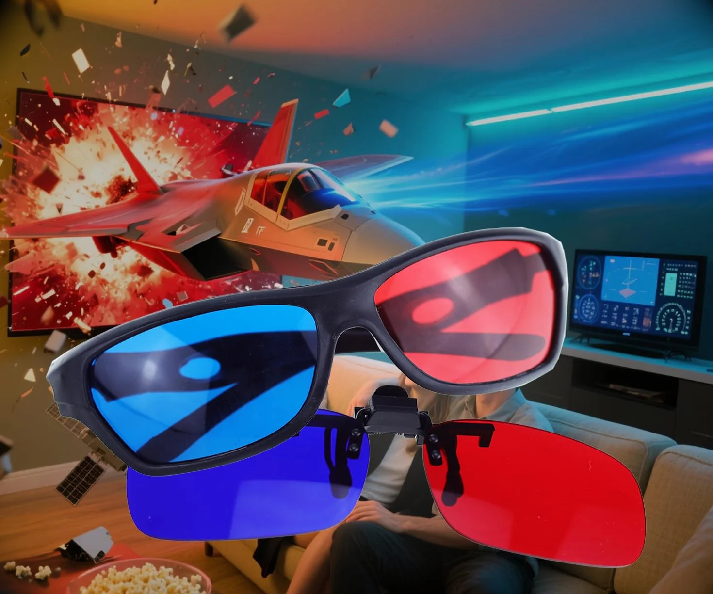2x Czerwone i Niebiesko-zielone Okulary 3D Pasujące do Okularów Korekcyjnych na Filmy 3D, Gry i TV (1x Na Klips, 1x w Stylu Anaglifu)