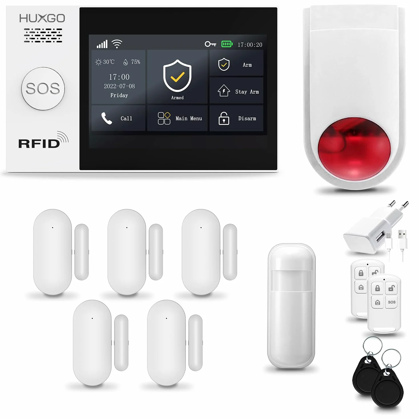 HXA007 System alarmowy domowy WiFi + GSM, syrena bezprzewodowa | Aplikacją Tuya Smartlife, 1x czujnik ruchu PIR, 5x czujnik drzwi | Sterowanie z telefonu