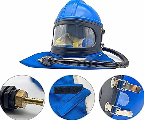 Kask do piaskowania z podajnikiem powietrza i termostatem, kaptur ochronny na ramię dla bezpiecznego i wygodnego piaskowania