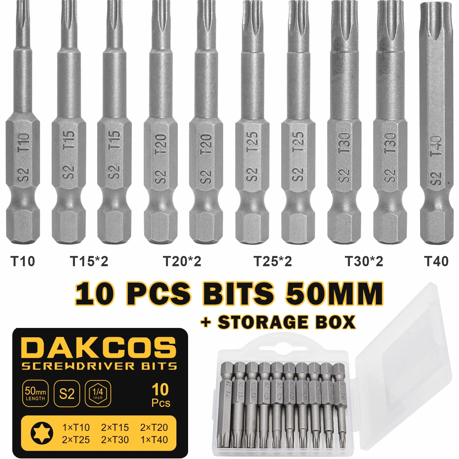 DAKCOS Torx zestaw bitów długich, T10-T15-T20-T25-T30-T40, asortyment bitów z S2 (długość: 50 mm, 10 sztuk)
