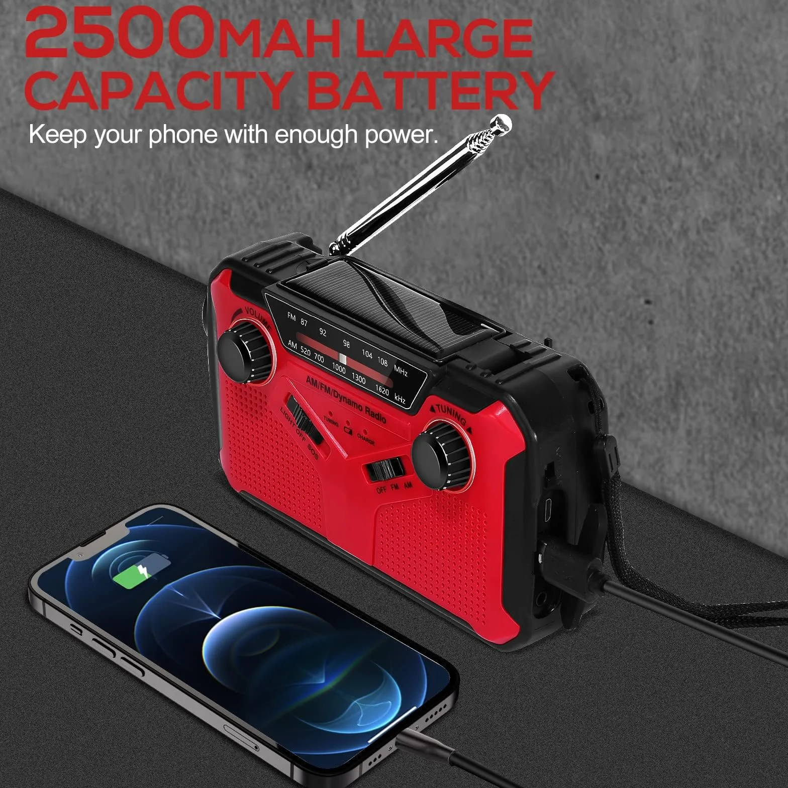 Przenośne Radio Słoneczne 2500mAh AM FM Korbka Latarka LED Alarm SOS USB