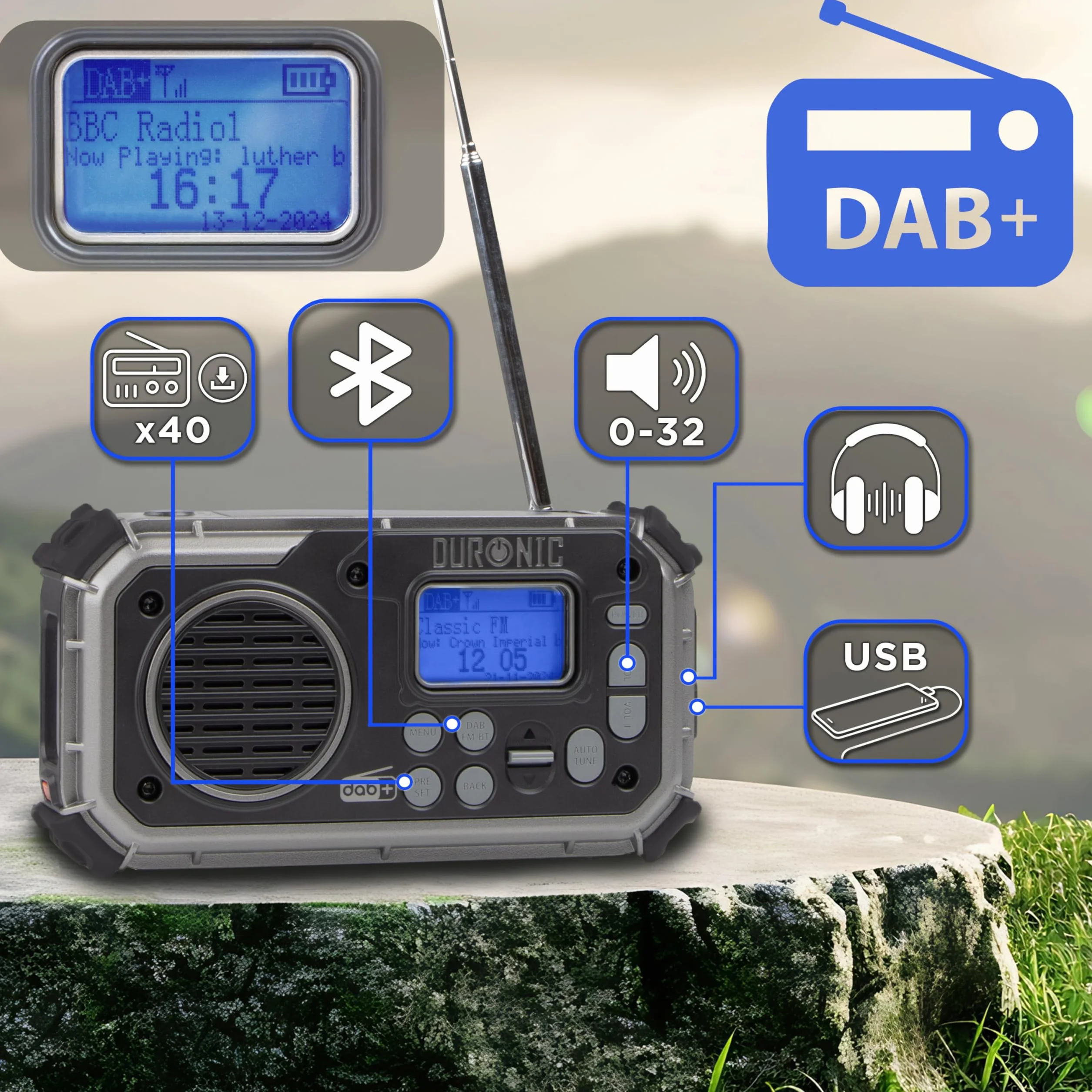 Duronic SDAB1 Radio solarne z dynamem awaryjne pogodowe DAB FM AM USB A C powerbank latarka