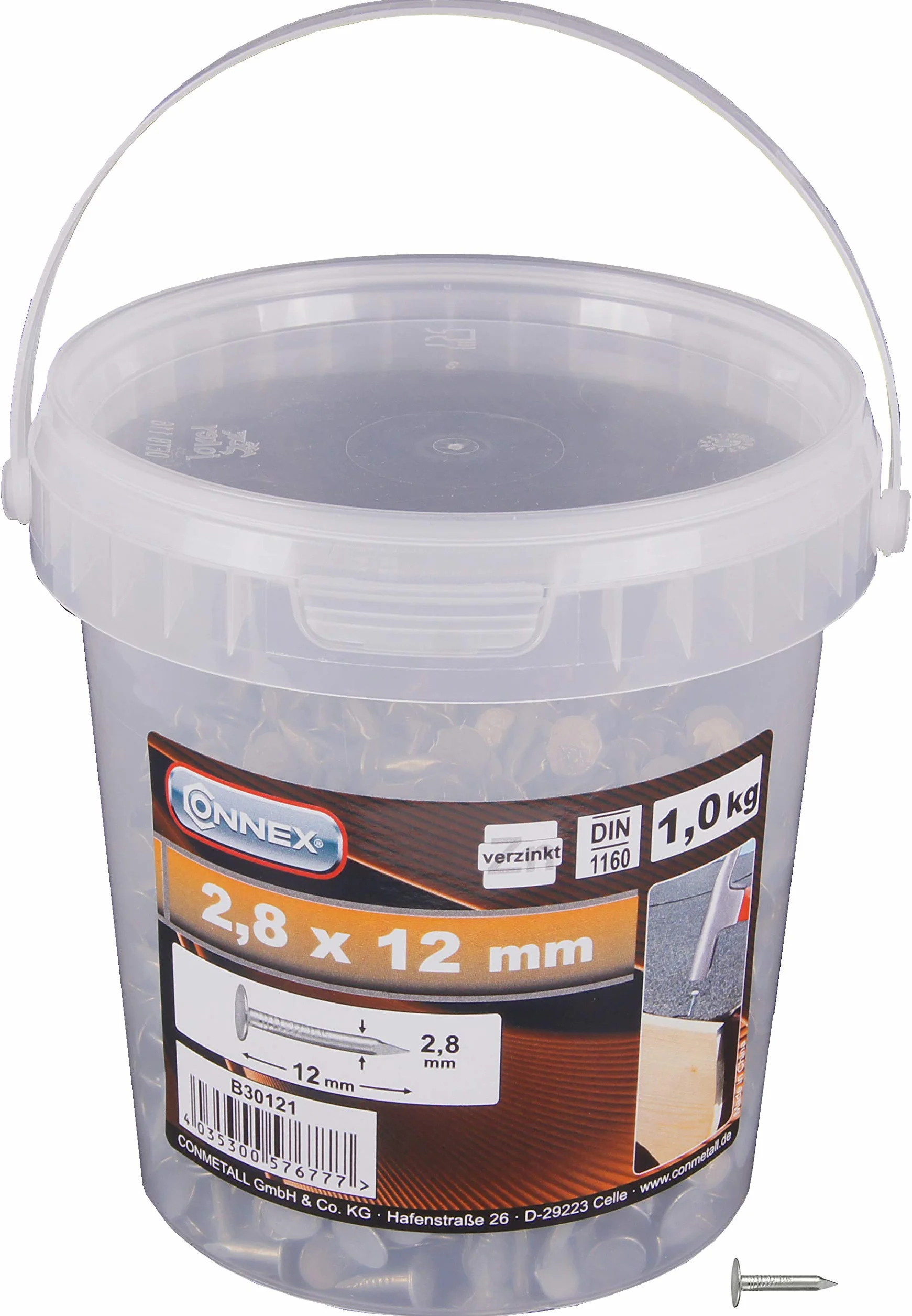 Connex B30121 kołki do papy dachowej 2,8 x 12 mm – 1000 g – łeb wpuszczany – ocynkowane – przechowywanie w praktycznym wiaderku – idealne do papy dachowej i płyt łupkowych/kołków z szerokimi