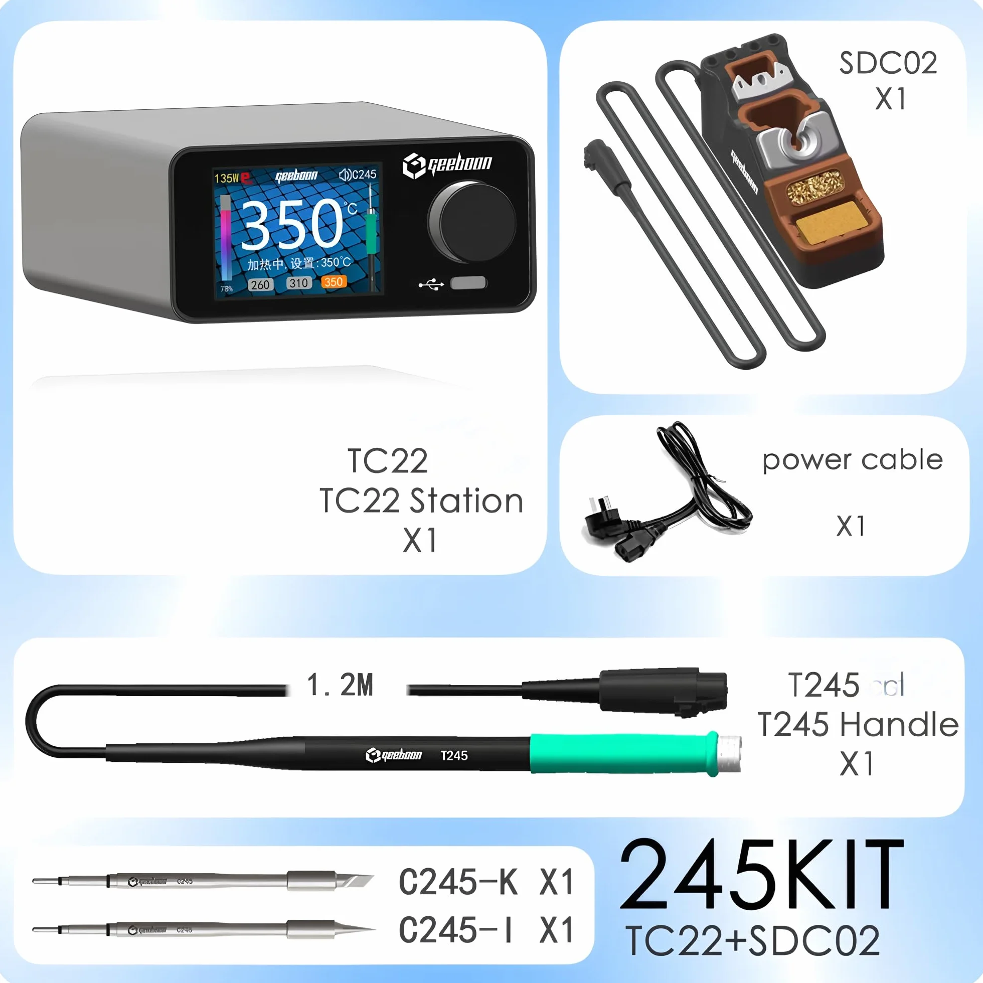 GEEBOON 220W TC22 Stacja lutownicza Kompatybilna z końcówką lutowniczą 115/210/245/T12 Wyświetlacz krzywizny kolorowej stacji do poprawiania lutowania (TC22-SDC02 245KIT)
