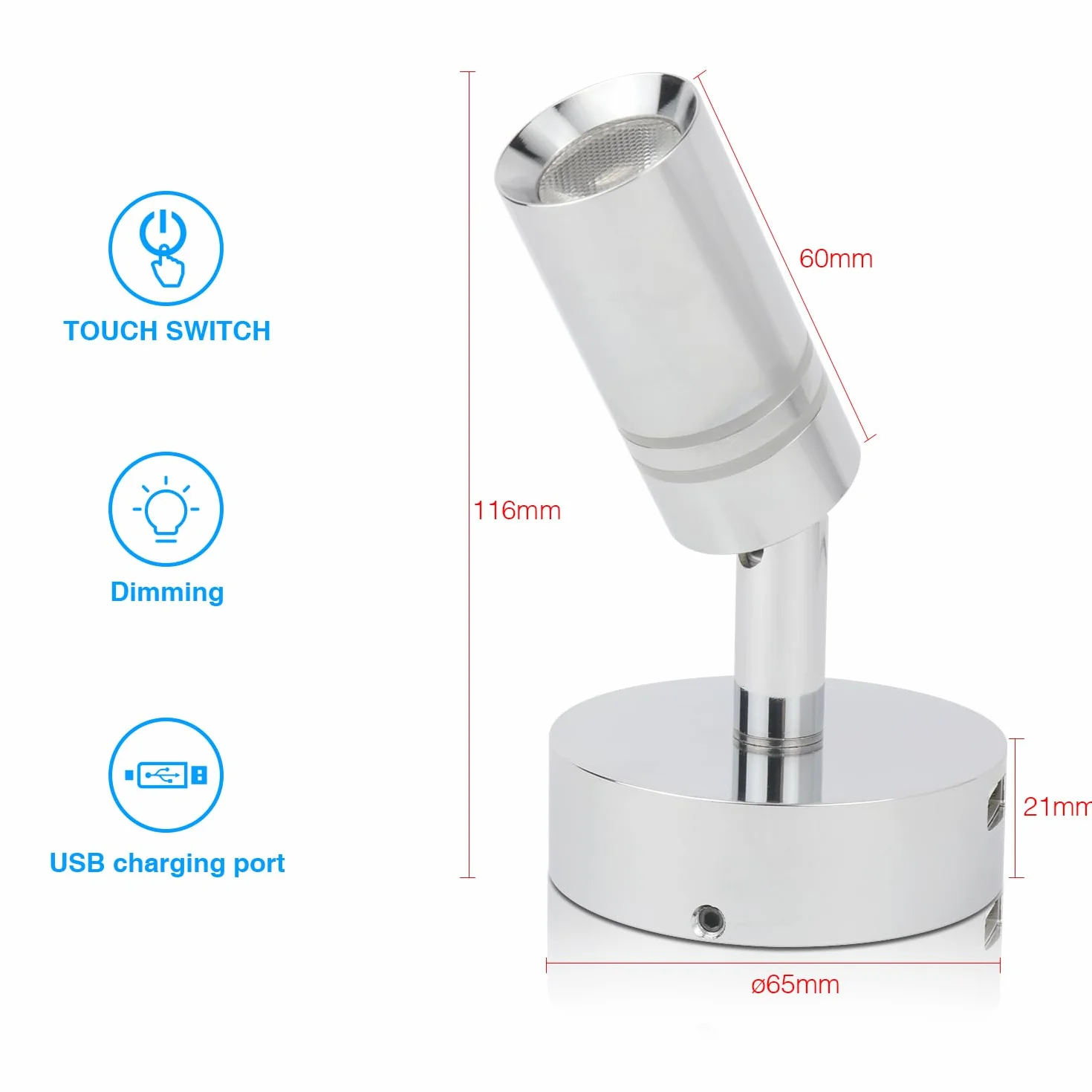 lighteu, 2 x 12 V 2 W E1 USB reflektor sufitowy/ścienny, chromowane wykończenie, lampka nocna, lampka do czytania obracana i obracana z przełącznikiem dotykowym, możliwość ściemniania, ciepłe