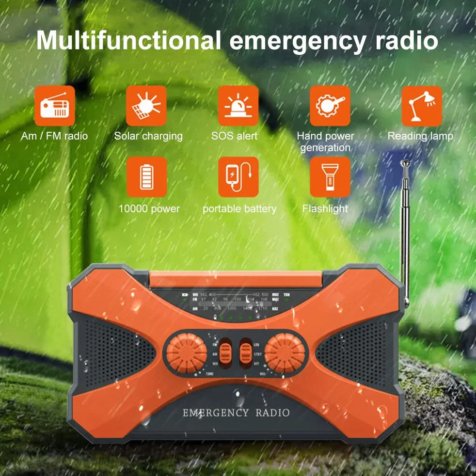 Radio korbowe AM/FM z ładowarką telefonu, akumulator 10000 mAh, latarka LED SOS