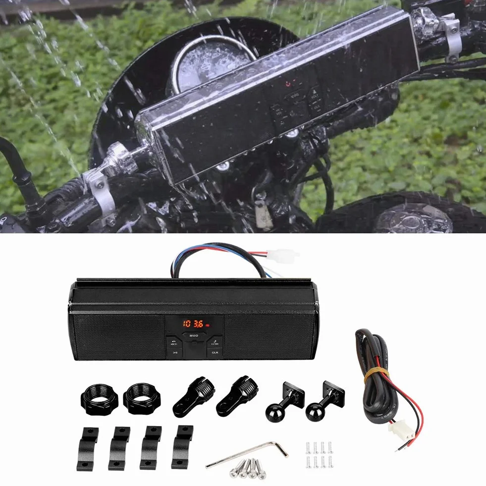 Qiilu Modyfikacja motocykla Kierownica System USB Odtwarzanie Antypoślizgowy Wodoodporny System dźwiękowy Głośniki stereo (czarne)