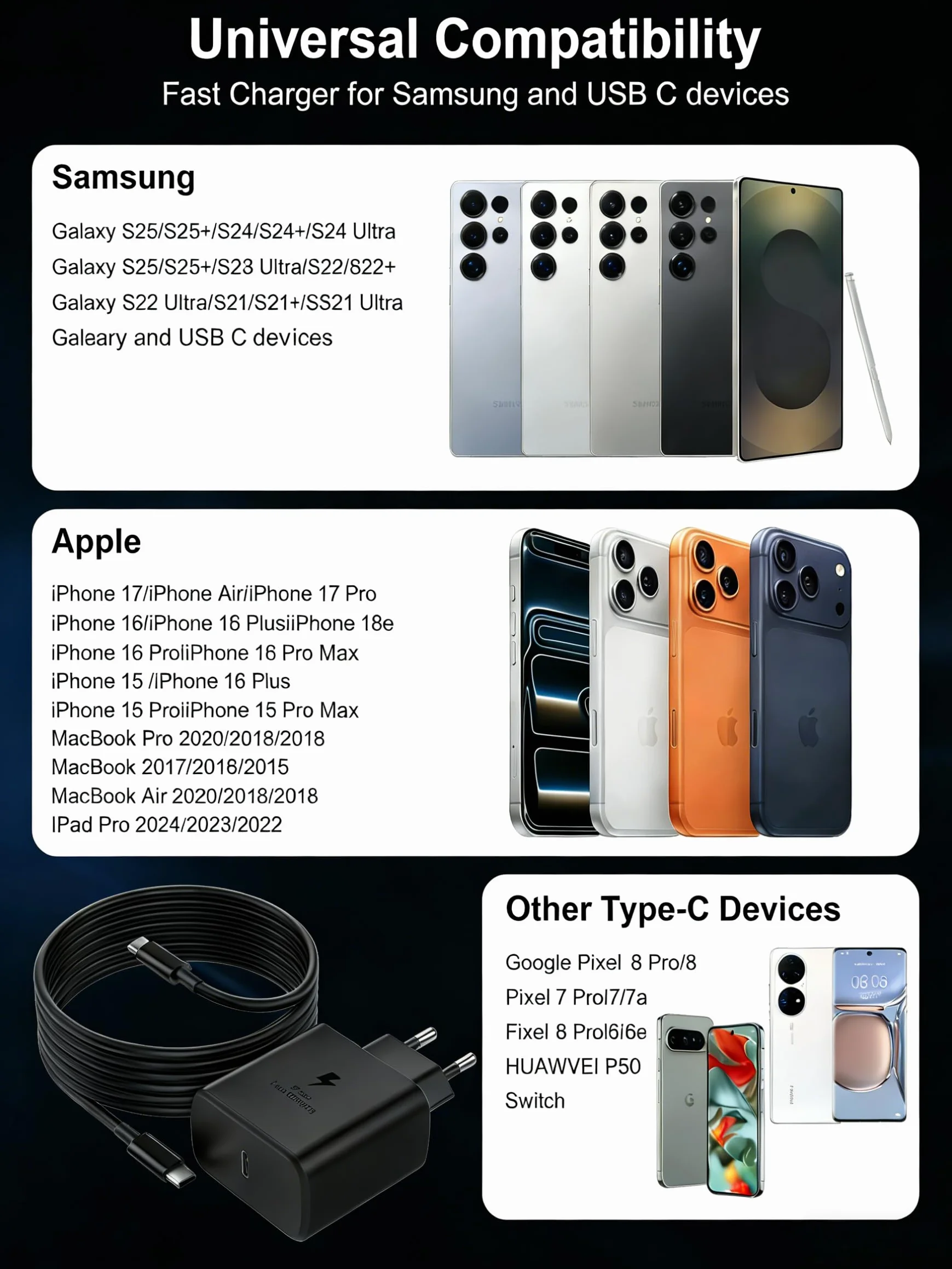 Ładowarka USB-C 45W Samsung Galaxy S25/S24/S23/S22/S21/A55/A54/A15/A56/A26/A53, zasilacz ścienny z kablem USB-C 2m