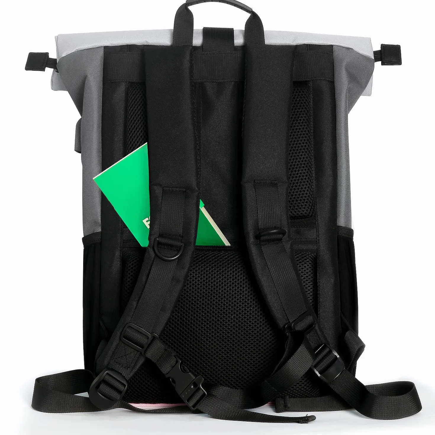 Plecak Rolltop Women na laptopa 17,3 cala z portem USB, szkolny, sportowy, różowy szary 26L