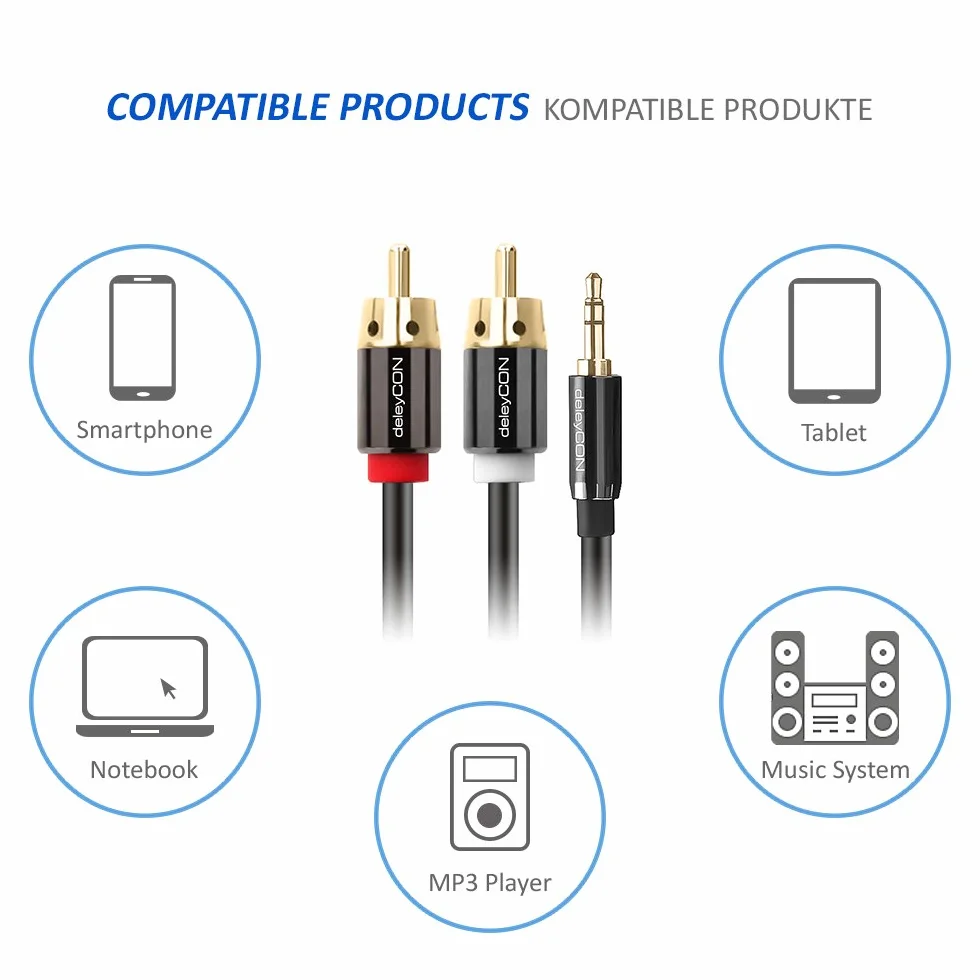 deleyCON 1m Kabel Klinke Cinch 3,5mm Audio Stereo 2x RCA Metalowe Wtyki Czarny