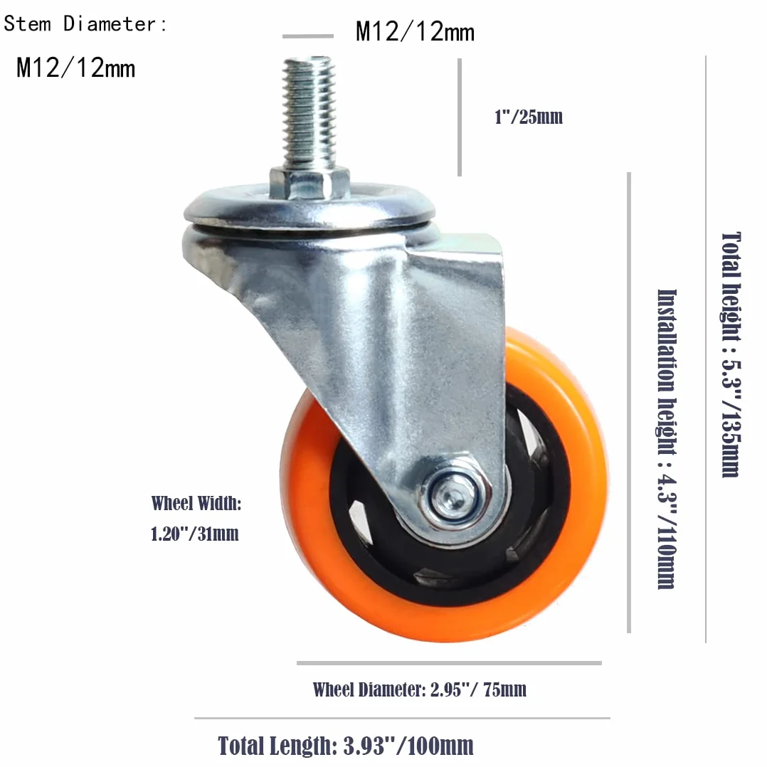 Wytrzymałe, obrotowe koła, 3-calowe żółte kółka z trzpieniem metrycznym M12-1,75x25 mm, podwójne hamulce, kółka bezpieczne do 1200 funtów/zestaw do przemysłu i mebli, zestaw 4 szt.