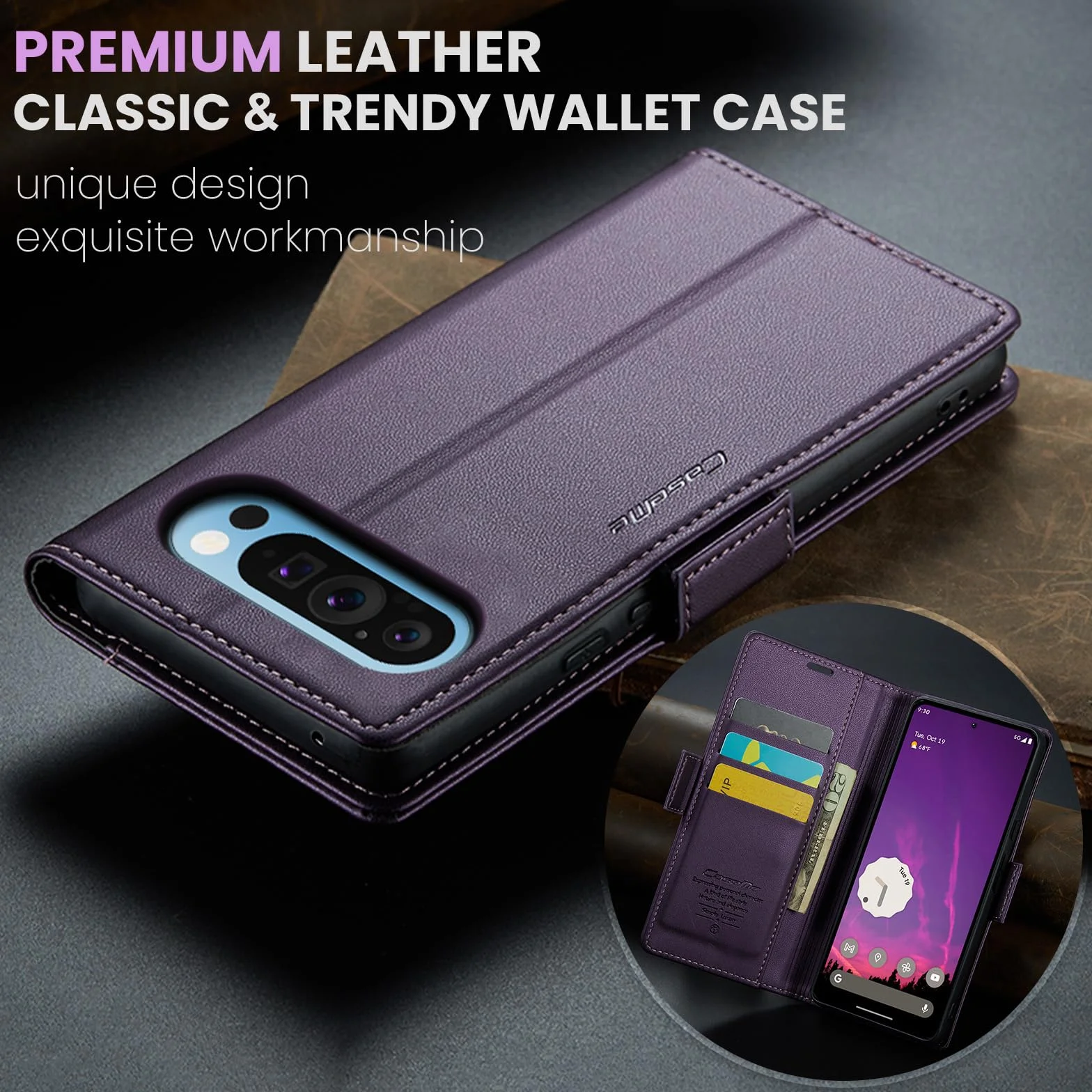 Etui do Google Pixel 9 Pro XL, wysokiej jakości skórzane portfela Case z [blokada RFID] stojak magnetyczne karty klapką ochrona obudowa Kompatybilne Google Pixel 9 Pro XL, Fioletowy