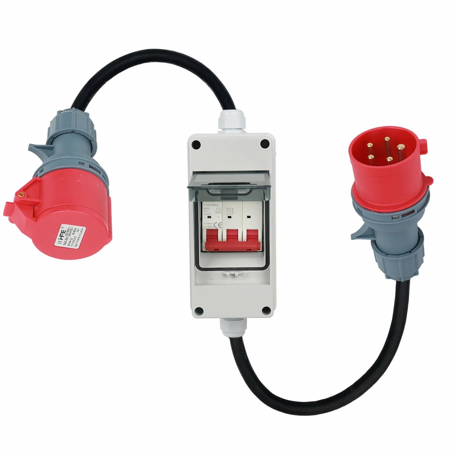 CEE adapter 63 A na 32 A, CEE adapter zasilania wtyczka i gniazdko 400 V 63 A na 32 A z bezpiecznikiem 32 A, przedłużacz CEE, adapter prądu na kemping