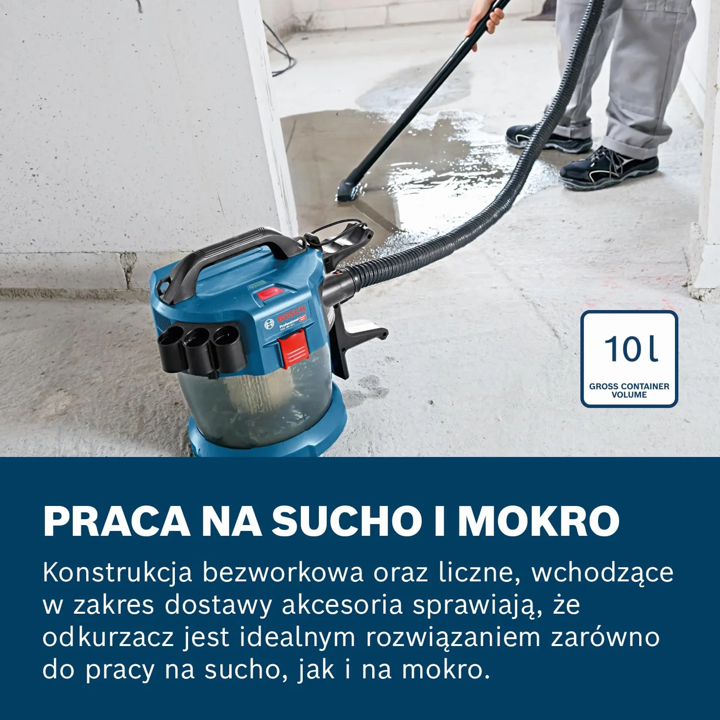 System profesjonalny 18 V firmy Bosch: odkurzacz przemysłowy GAS 18V-10 L wąż 1,6 m, 3 rury, bez akumulatora i ładowarki