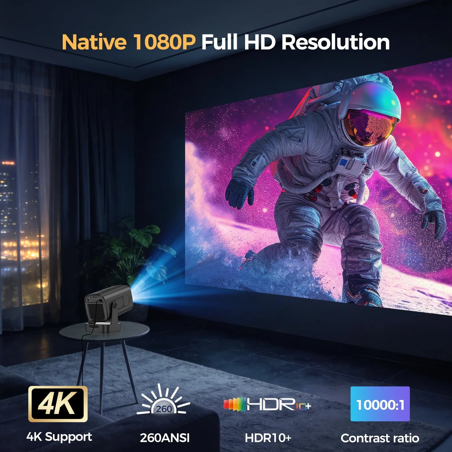 Alwtniet Mini Projektor 4K, Natywne 1080P, Przenośny z Androidem, Autofokus, Korekcja Keystone, WiFi 6, Bluetooth 5.4, Głośnik 5W, Obrót 180° HY310