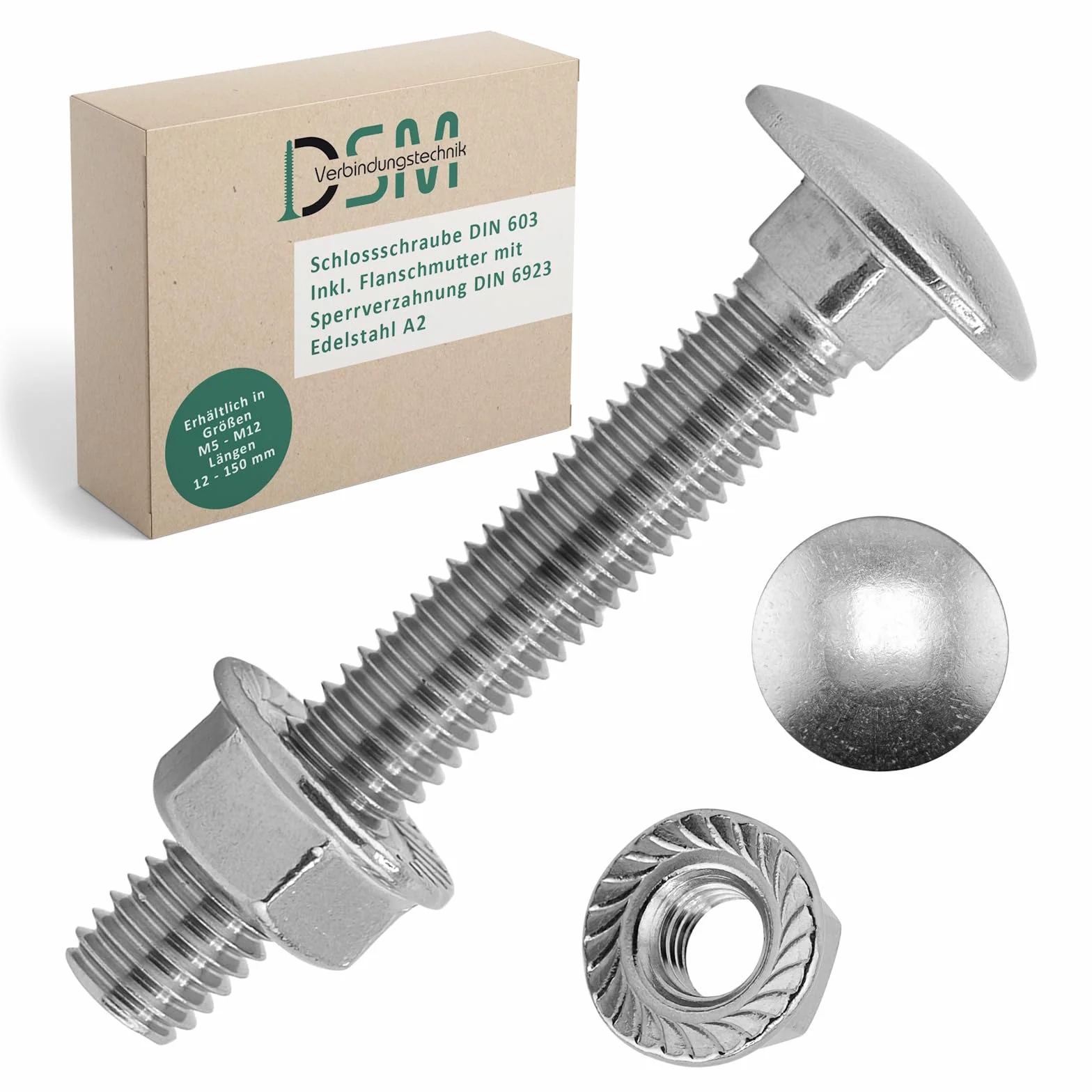 DSM – śruby z łbem płaskim okrągłym M12 x 35 mm zgodnie z DIN 603 – nakrętka kołnierzowa M12 z uzębieniem blokującym DIN 6923 – stal nierdzewna A2 – śruby z łbem płaskim okrągłym z nasadką czworokątną