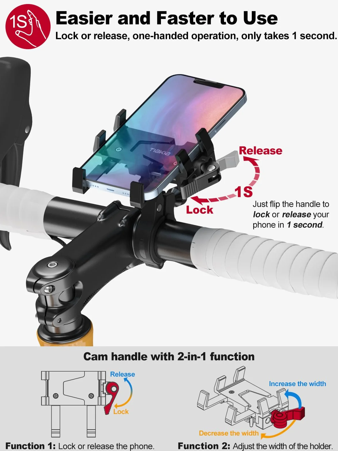 Tiakia Uchwyt na telefon komórkowy,stojak na telefon motocyklowy obrotowy 360°, montaż bez użycia narzędzi,kompatybilny ze smartfonem 4,5-7,0 Cala